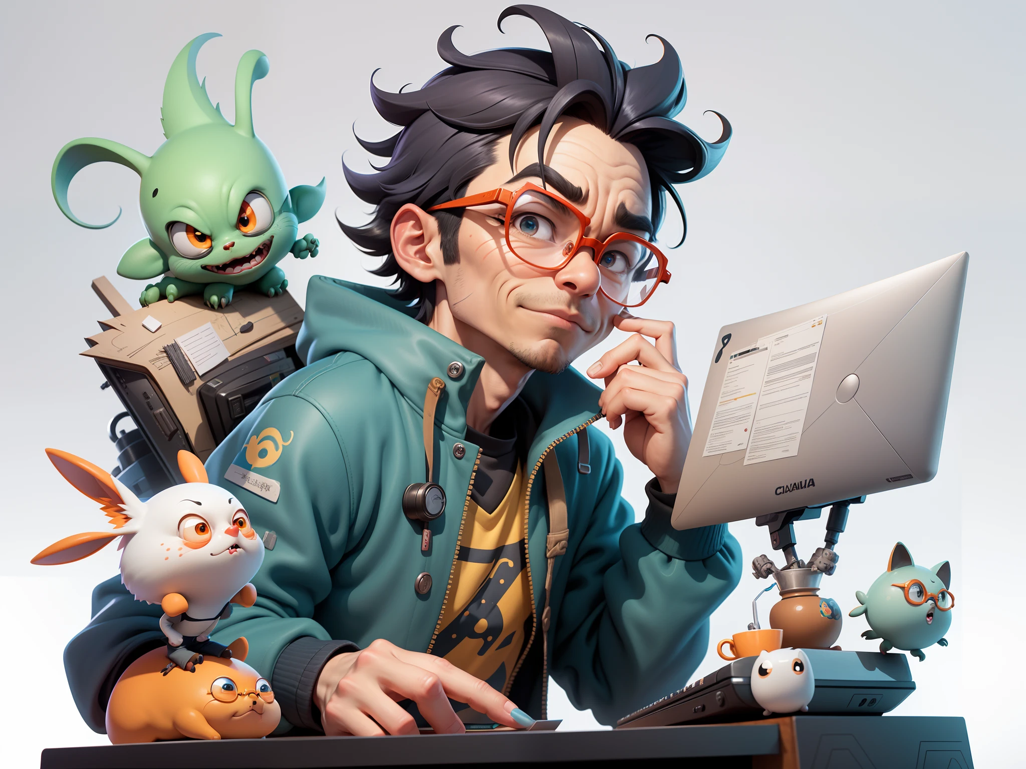 A young man with glasses sits at his desk,holding laptop,digitial painting,3D character design by Mark Clairen and Pixar and Hayao Miyazaki and Akira Toriyama,4K HD illustration,Very detailed facial features and cartoon-style visuals。