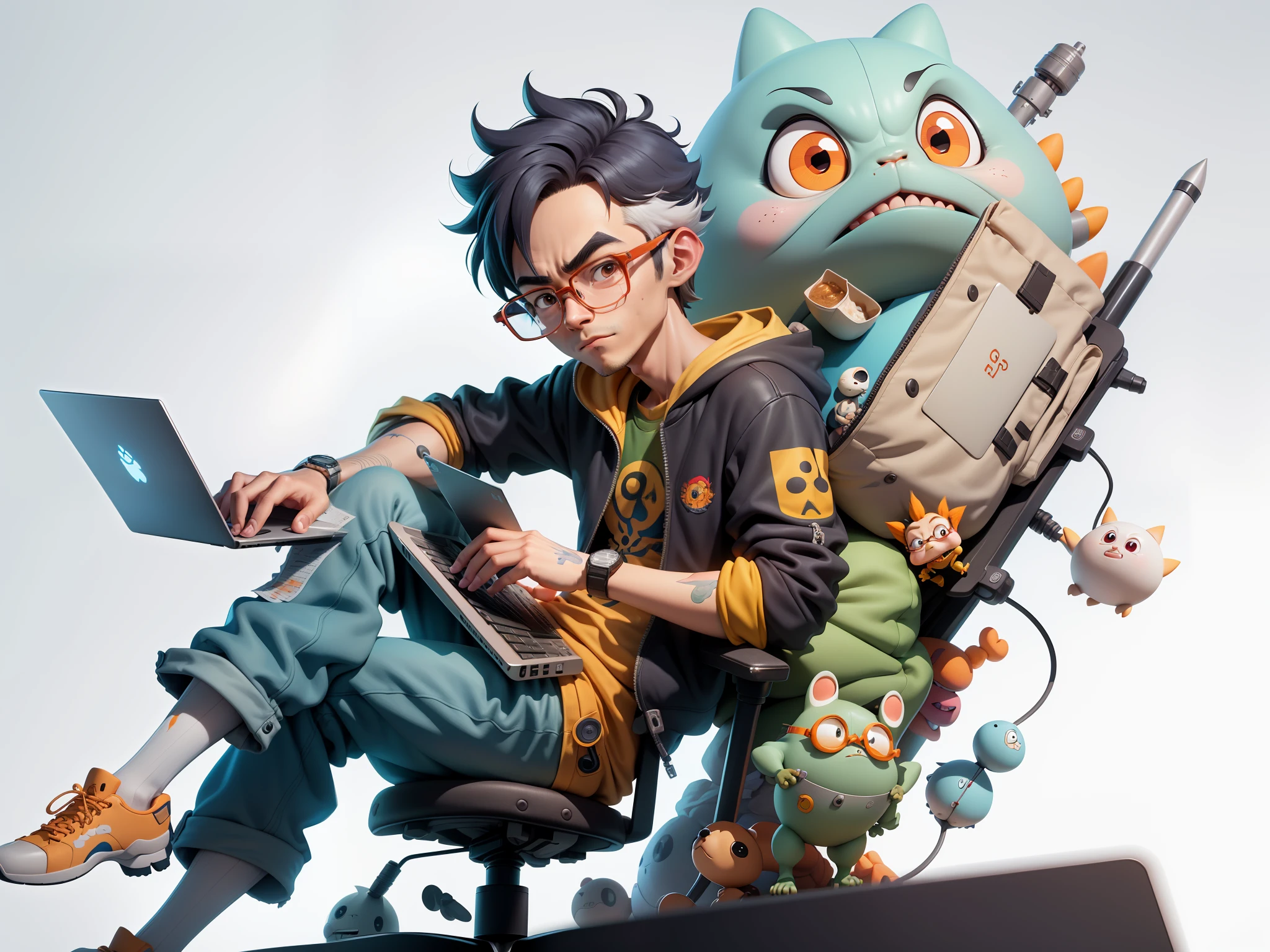 A young man with glasses sits at his desk，holding laptop，digitial painting，3D character design by Mark Clairen and Pixar and Hayao Miyazaki and Akira Toriyama，4K HD illustration，Very detailed facial features and cartoon-style visuals。