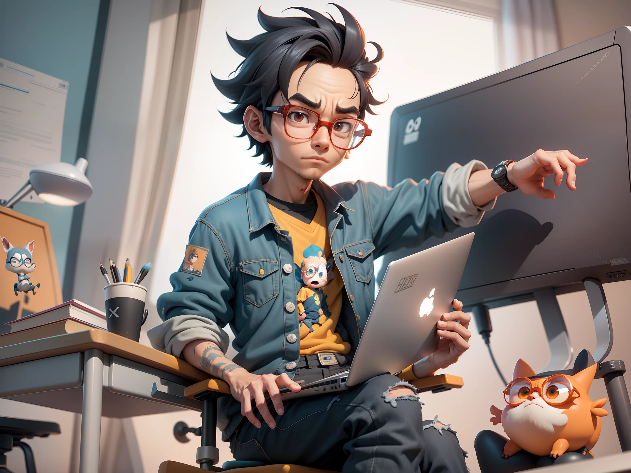 A young man with glasses sits at his desk,holding laptop,digitial painting,3D character design by Mark Clairen and Pixar and Hayao Miyazaki and Akira Toriyama,4K HD illustration,Very detailed facial features and cartoon-style visuals。