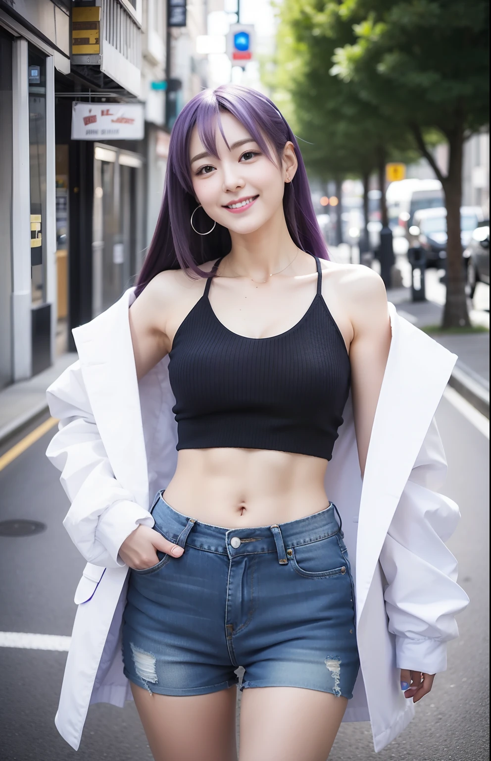 Masterpiece, realistic, hd, 1girl, moona hoshinova, Purple long hair, White jacket, short jeans pants, shorter pants, Crop top, show stomach, outdoor, daytime, standing(Masterpiece:1.2), A high resolution, Best quality, 8K, Sexy pose, Blush, Shy, Smile, V-neck shirt, The middle chest is shown, Braided out, long socks, very short pants, cosplayer
