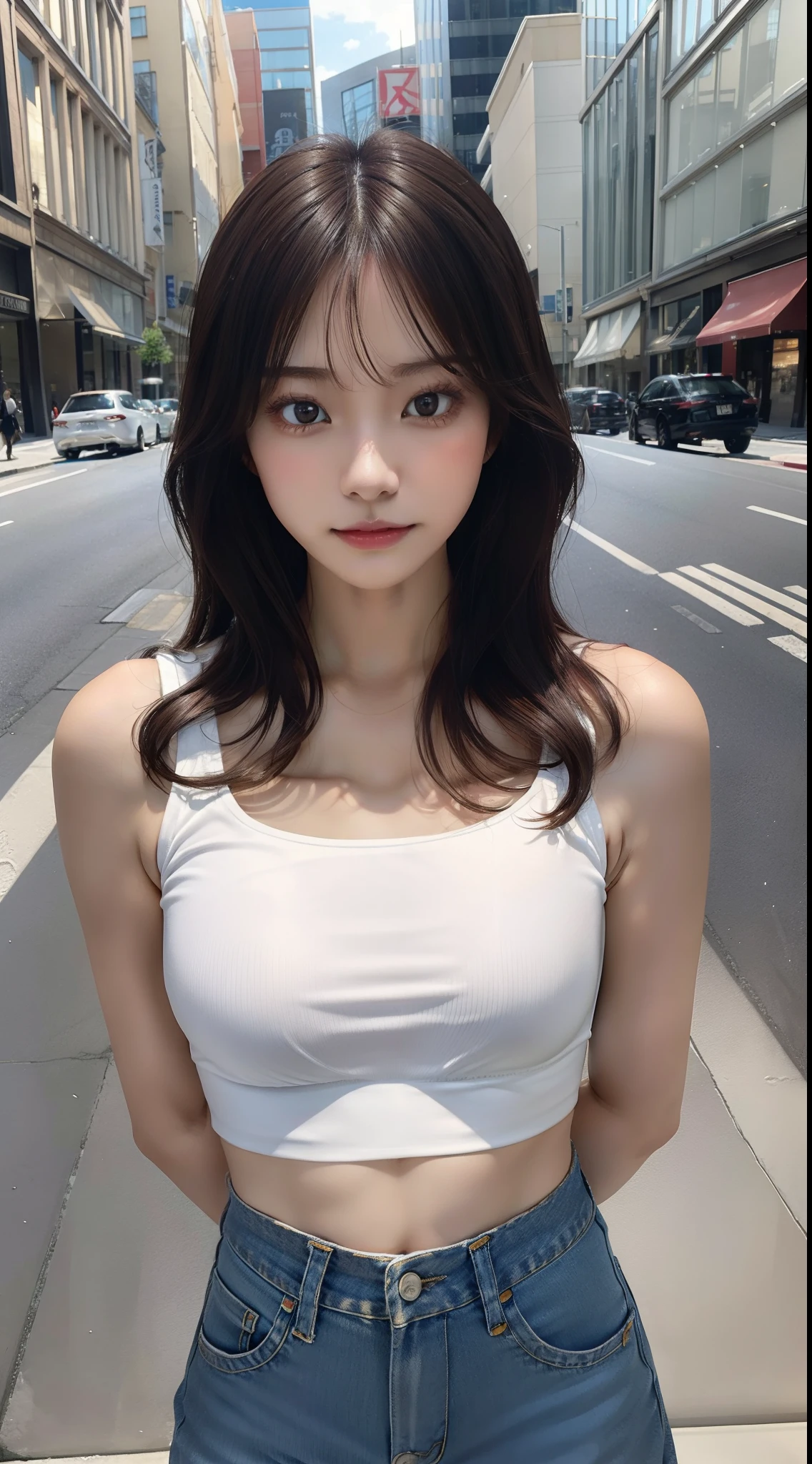 ((top-quality、8K、masterpiece:1.3))、foco nítido:1.2、Beautiful Women in Perfect Style:1.4、Slender Abs:1.2、((dark brown hair、Colossal tits:1.2))、(natural soft light、City Street:1.1)、Highly detailed facial and skin texture、A detailed eye、二重まぶた、Girl posing for photo in white bra and tight denim、arm behind back、full body Esbian、Cropped T-shirt、bra very、slim figure、Petite bust、Slim Girl Model、24歳の女性モデル、