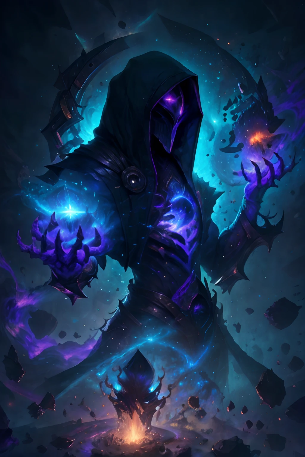 "One celestial muscular being in the center of the picture  with a hood over  and in hands there is brandishing magic with the luminosity of distant galaxies" ,best quality, masterpiece, ultra high res, (photo realistic:1.4),  surrealism, dream-like,V0id3nergy,
a fantasy creature, Shadowdancer, shadow magic, darkness control, stealth, shadowstep, umbral spells.