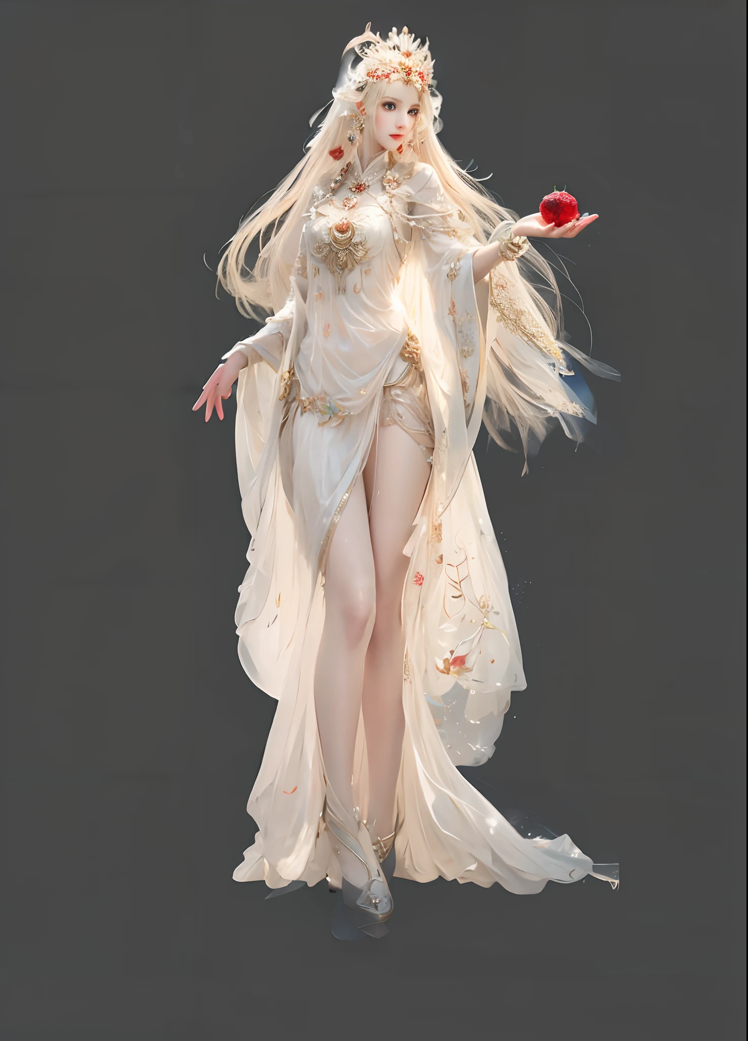 A blonde beauty，Head sideways，Wearing a white dress，There are delicate metal trims on the skirt，metal headdress，Fine jewelry hangs around his neck，Low saturation has a woman in a white dress holding a red rose, beautiful and elegant elf queen, ((a beautiful fantasy empress)), a beautiful fantasy empress, full-body xianxia, beautiful full-body concept art, Anime goddess, Kushatt Krenz Key Art Women, Artgerm on ArtStation Pixiv, beautiful and elegant female elf, blonde elvish empress，Unreal Engine5,cinmatic lighting,Particle,realistic PVC textures,32 k,cinematic photogtaphy,Apply vertically to the whole body,poster for,Light smile,bead necklace,Bokeh,Verism,Cinematic lighting,Ray tracing,reflective light,shadowing,Anatomically correct,Textured skin,Super detail,highly details,High quality,Masterpiece,retinas,ccurate,Awards received,Best quality,A high resolution。