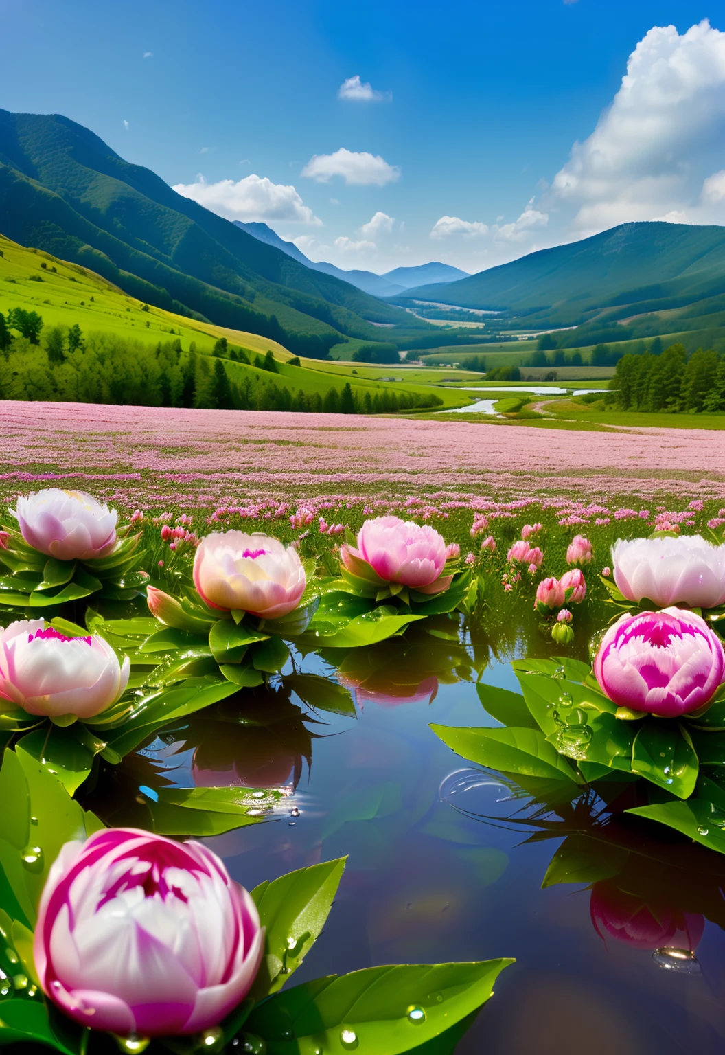 Peony blooming flowers,fanciful,dreamlike imagery,Fantastic nature,drippy,Realistic and ethereal,great outdoors,Real peony flowers,With water droplets,Hyper Real,In the mountains,beautful view,(jiayi:1.5), closeup cleavage, tmasterpiece, best qualtiy, RAW photogr, Incredibly Ridiculous res, depth of fields, A high resolution, ultra - detailed, finedetail, The is very detailed,tack sharp focus, cinmatic lighting