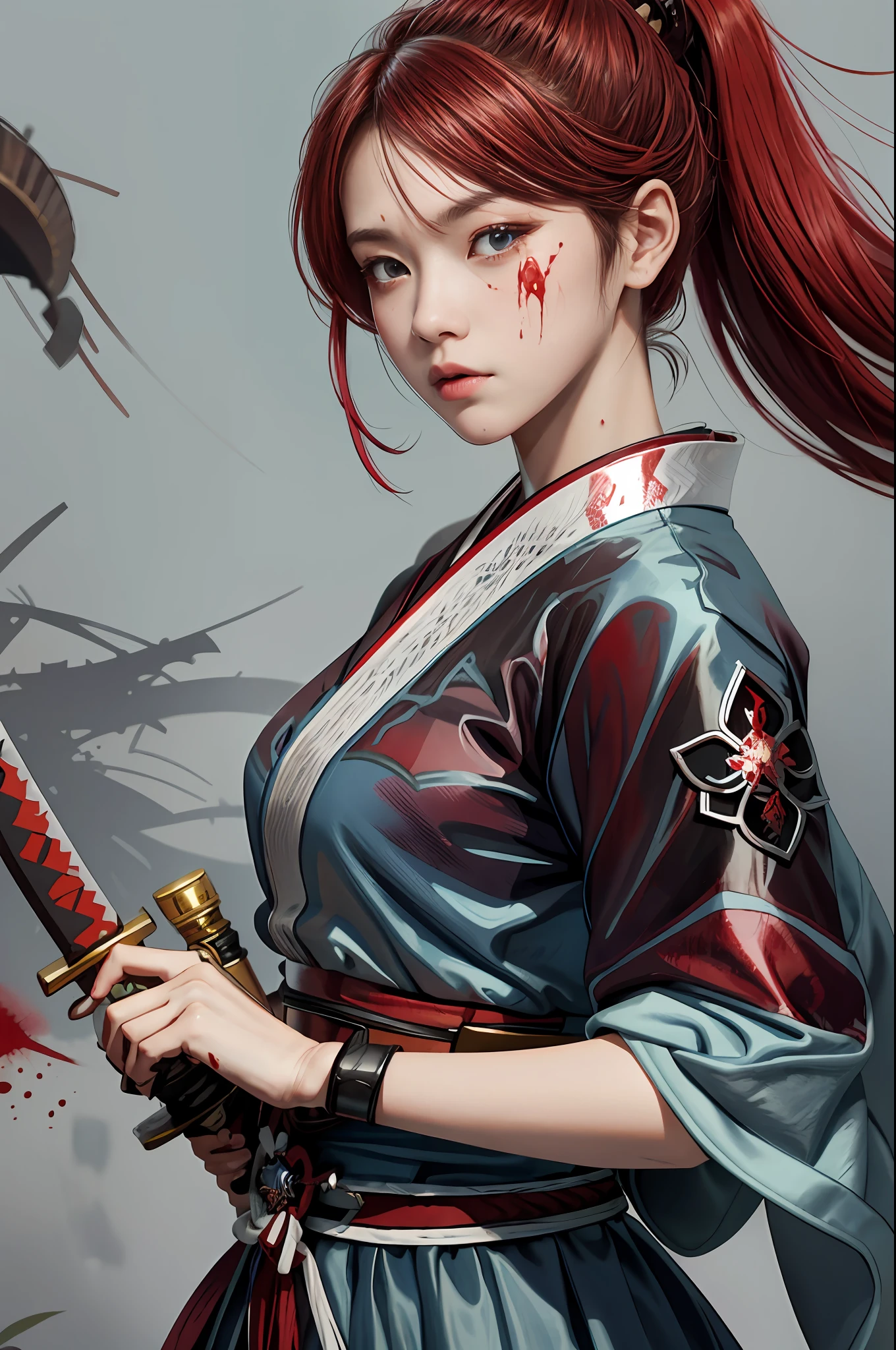 crimson hair, Japanese samurai, holding a katana, Light blue samurai costume, Blood stains on the face, A large number of blood stains splattered all over her body, (bloods: 1.5)