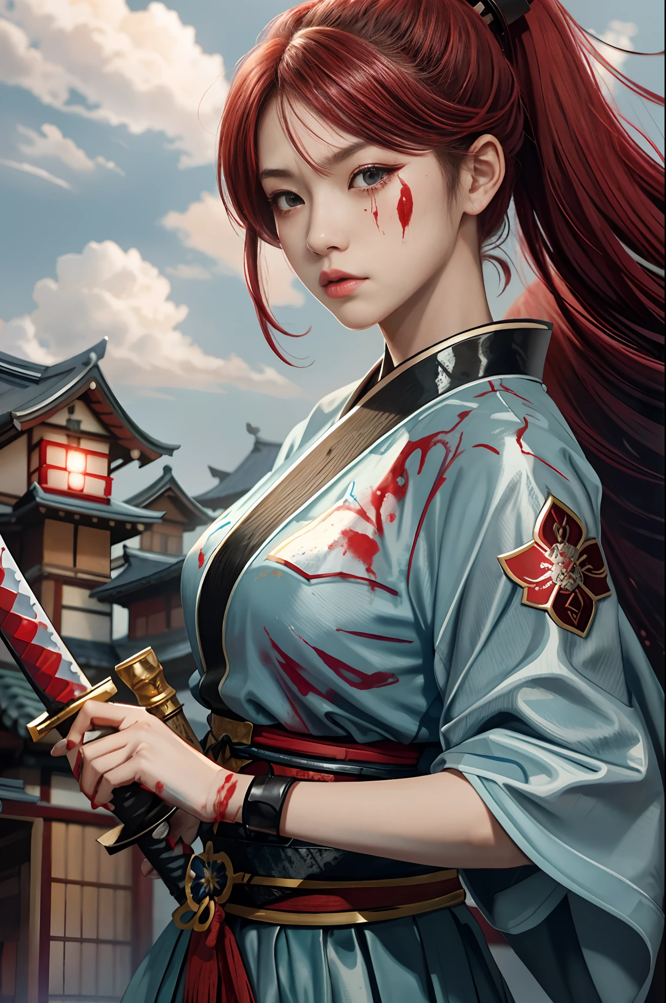 crimson hair, Japanese samurai, holding a katana, Light blue samurai costume, Blood stains on the face, A large number of blood stains splattered all over her body, (bloods: 1.5)