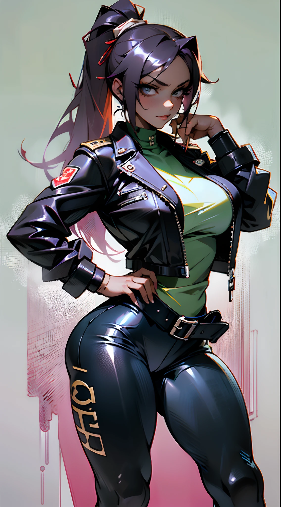 (High resolution), (in 8K), (Extreme Detail), (Best Illustration), (beautiful detail), (Best Quality), (masuter piece), ( Detailed face), ((dark skinned female)),poneyTail、Raking up your hair、One hand is on his hip ((Black leather riders jacket、Black leather pants))Vicious look、full body Esbian、Realistic fantasy rendering, Realistic anime girl rendering, Full body portrait, (Big Breast: 1.4) popular in CGSTATION, 4K,highlight in eyes