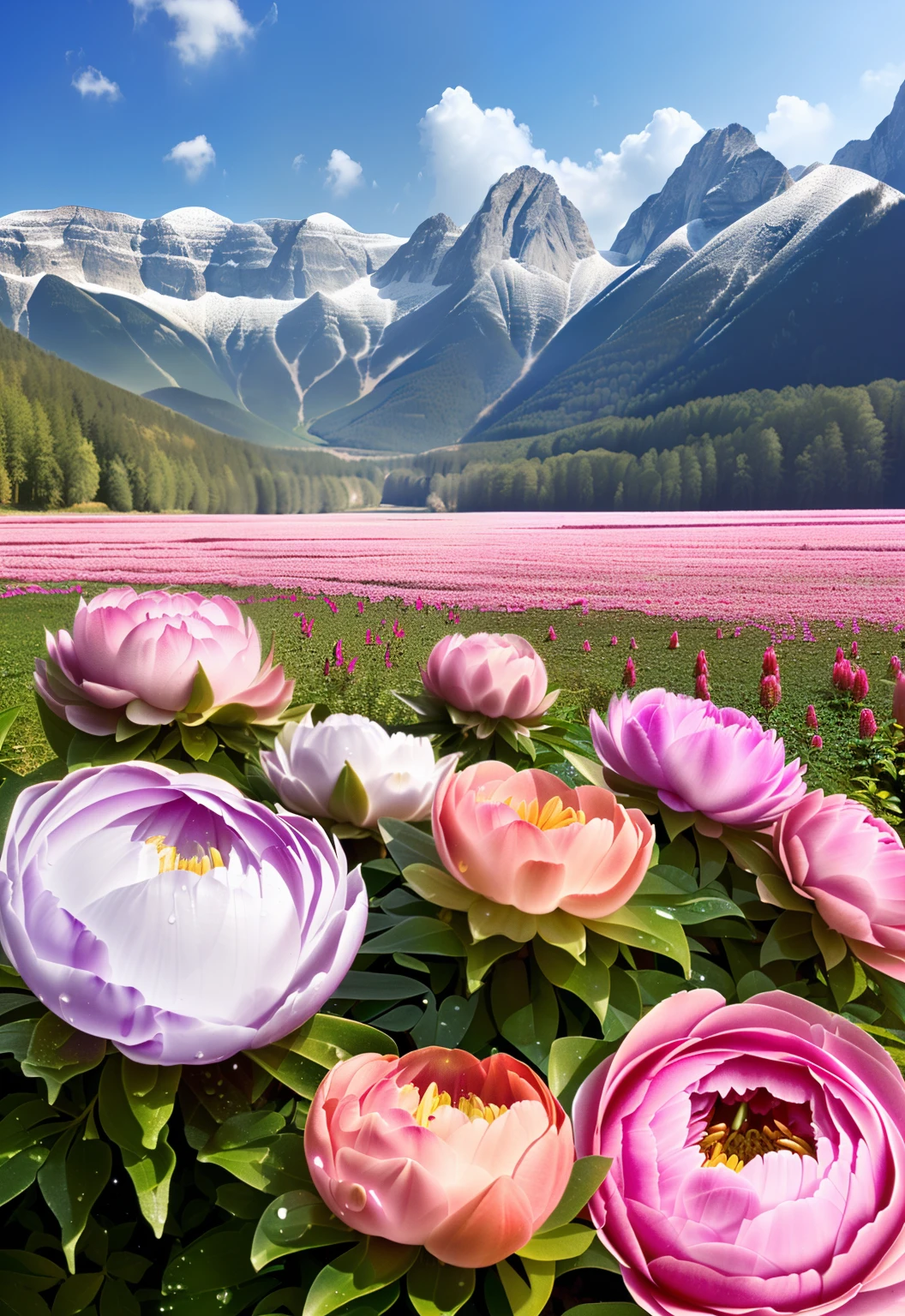 Peony blooming flowers,fanciful,dreamlike imagery,Fantastic nature,drippy,Realistic and ethereal,great outdoors,Real peony flowers,With water droplets,Hyper Real,In the mountains,beautful view,(jiayi:1.5), closeup cleavage, tmasterpiece, best qualtiy, RAW photogr, Incredibly Ridiculous res, depth of fields, A high resolution, ultra - detailed, finedetail, The is very detailed,tack sharp focus, cinmatic lighting