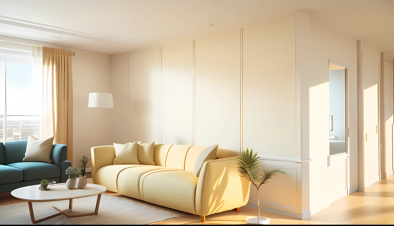 Modern living room with sofa, chair, table and a large window, popular interior design style, cream - colored room, living room wall background, rendered in vray, sand - colored walls, in style of 3d render, Render in Vray, high quality 3d render