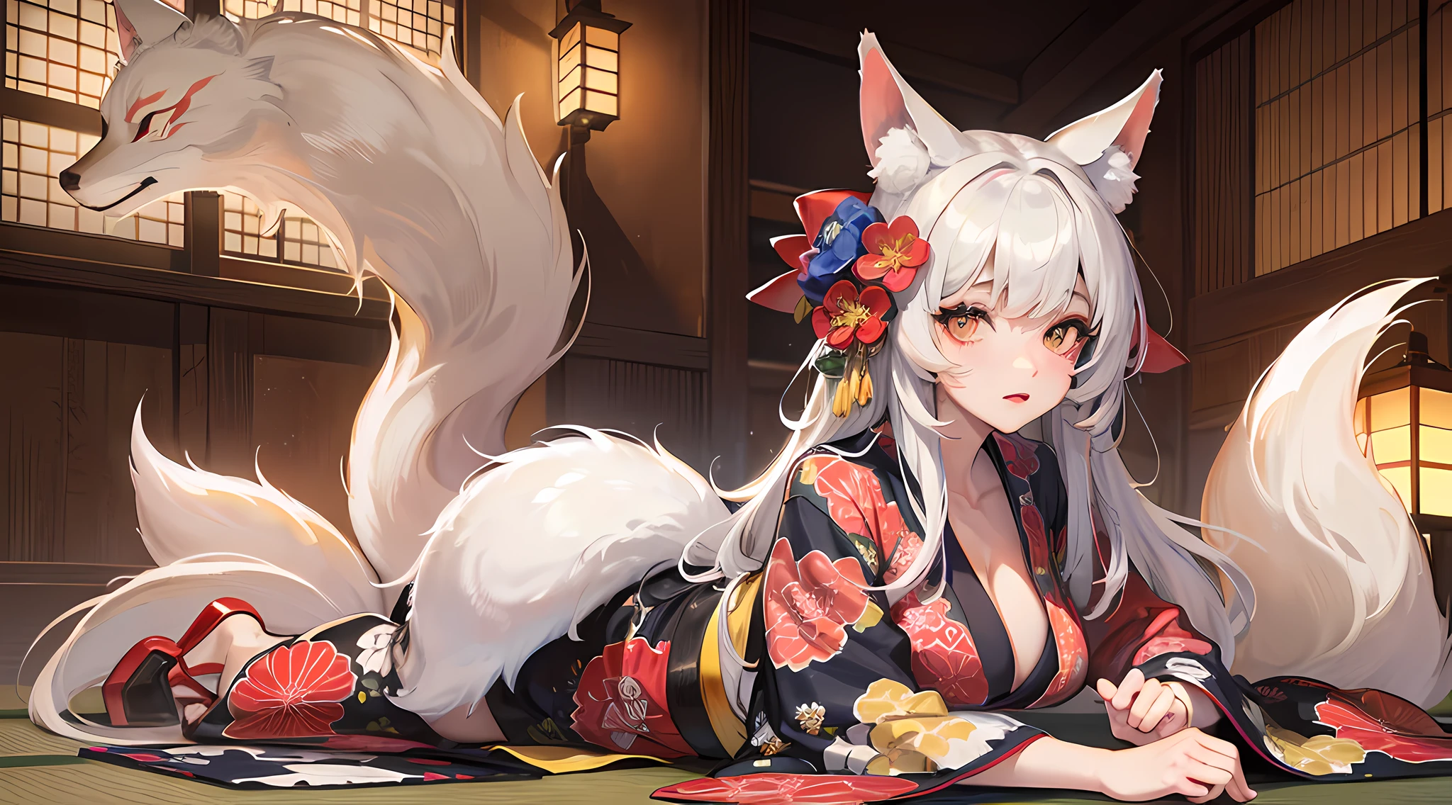 kitsune, fox girl, (illustration:1.2), fox ears, fox tail, best quality, highly detailed, 4k, 8k, ultra-detailed face, best quality face, colorful kimono with elaborate patterns, japanese temple background, full body shot, Dramatic Lighting, IQ20000