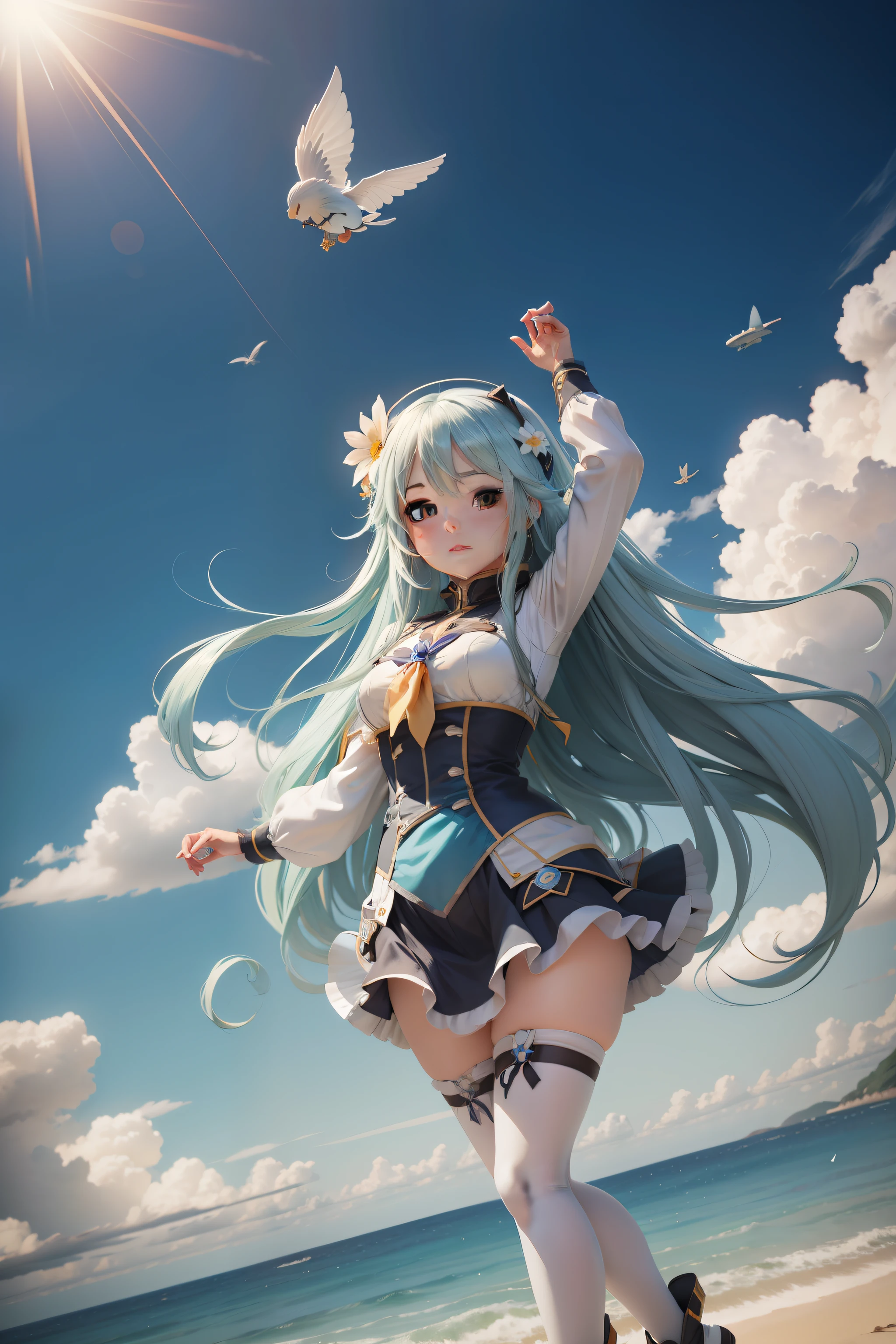 Anime girl with long white hair flying in the sky with a flower, aqua from konosuba, konosuba, konosuba anime style, Anime goddess, nightcore, anime best girl, An anime cover, small curvaceous , Anime moe art style, Kantai collection style, azur lane style, anime visual of a cute girl,Beth