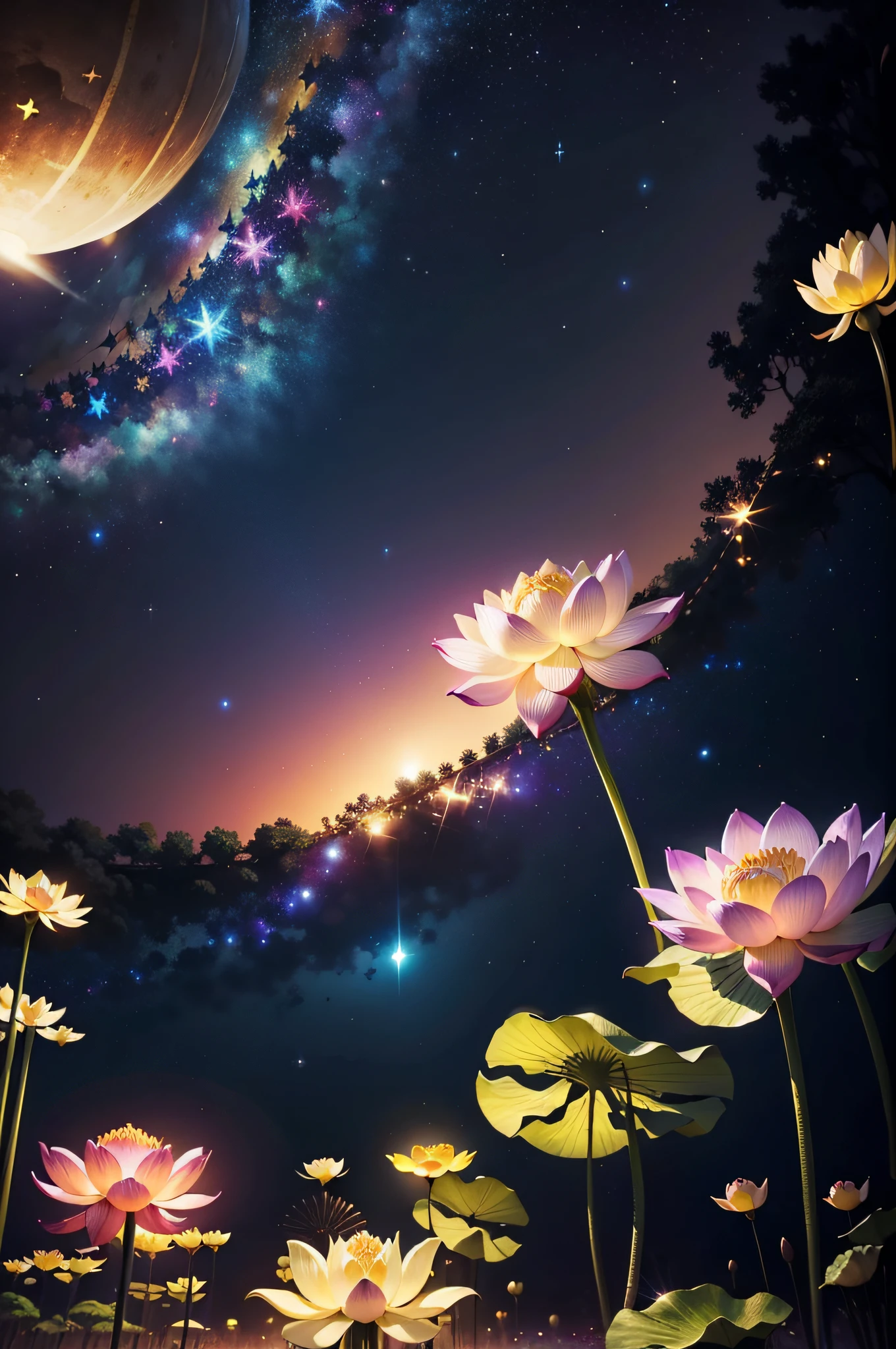 best quality, masterpiece, (realistic:1.2), lotus flower, glowing, in the night sky, full of stars, very detail, ultra-high resolution, ultra-high quality,