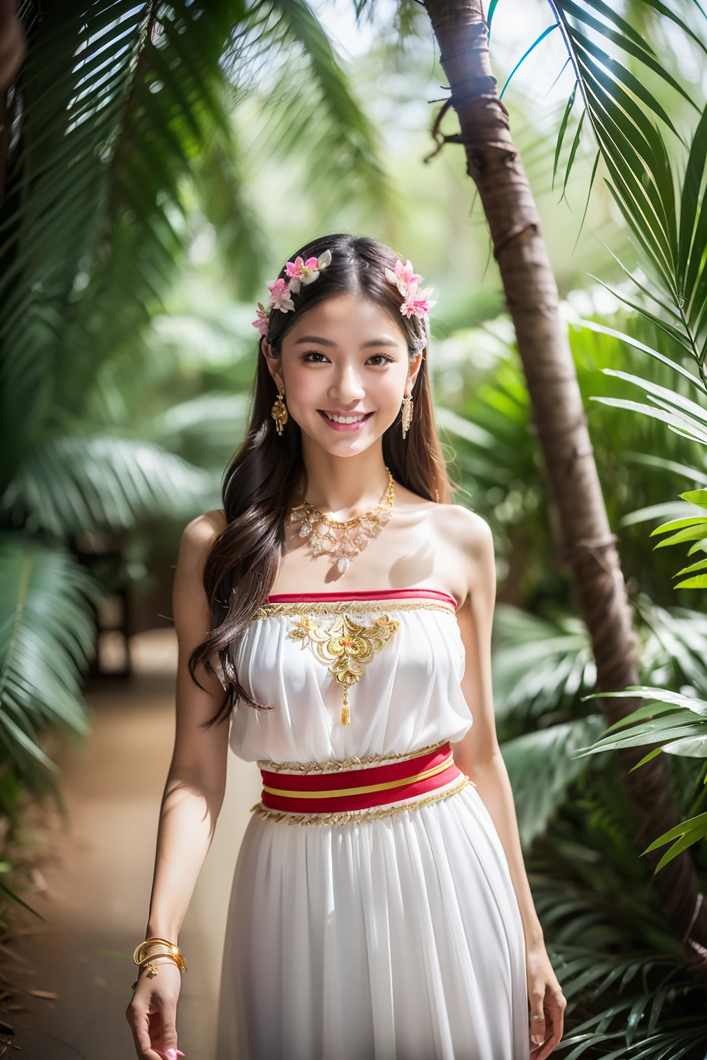 (8K分辨率，Photos above the legs），（Multiple women，20yr old，com rosto detalhado，详细的脸，Black colored eyes，（looking to the camera），Long dark red hair，（Messy has layers），（Best Skin Type：1.21），（（（Thai traditional clothing：2.1）Bandeau+Traditional shawls（silvery white），Luxury ladies' tube dresses（in pink）），A small number of flower hairpins，Luxury necklaces and bracelets），Tall and tall，perfect hand，Ultra-fine clothing material），（Traditional Thai style chalet，tropical trees，Exquisite environmental details），（confident smile，Rejoice），（profesional lighting，动态照明），（（Noble（silvery white，red colour，in pink））），（Golden section，Hasselblad photograp，tmasterpiece：1.3），（youthfulness，trendsetting，Artis，Art platform)