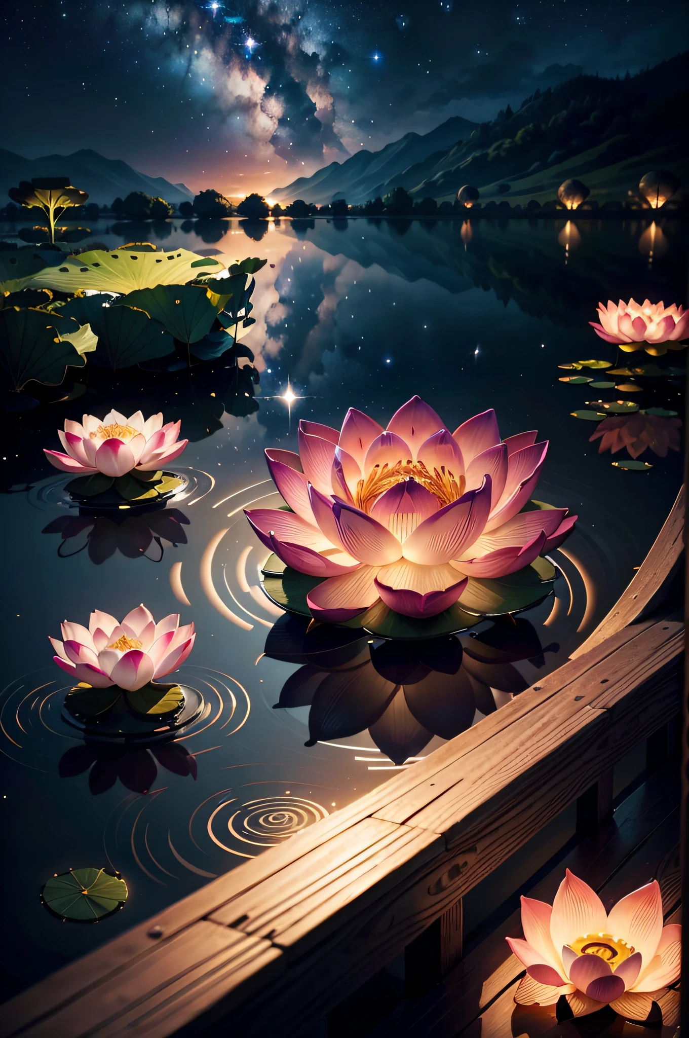 best quality, masterpiece, (realistic:1.2), lotus flower, glowing, in the night sky, full of stars, very detail, ultra-high resolution, ultra-high quality,