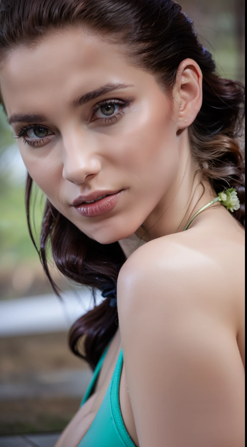 Fashion model 20 years old [[[[closeup cleavage]]]], [[[[boobgasm]]]], [[[[coll]]]], [[[[bshoulders]]]], perfect  eyes, Perfect iris，Perfect lips，perfect teeth，Perfect skin，Soft front light，hdr，Movie girl，Casual clothing，The background is outdoors，Green trees and flowers，（pastel colour：1.2）