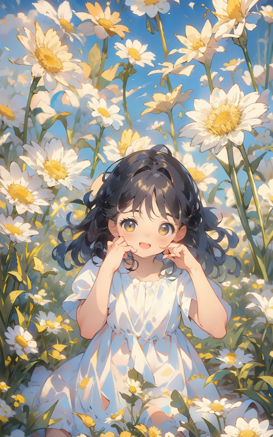Daisy Child's Dream： In a sunny field，An innocent and cute teenage girl wears a white dress，She sat on a meadow full of daisies，Holding a garland in his hand。Her eyes revealed innocence and joy，Surrounded by white and yellow daisies，The whole scene is full of childlike fun and joy。