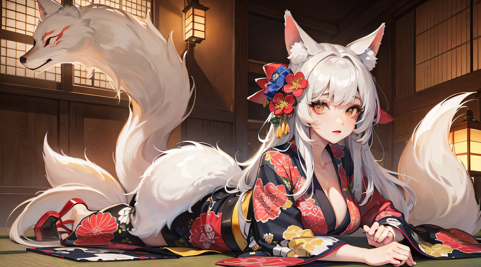 kitsune, fox girl, (illustration:1.2), fox ears, fox tail, best quality, highly detailed, 4k, 8k, ultra-detailed face, best quality face, colorful kimono with elaborate patterns, japanese temple background, full body shot, Dramatic Lighting, IQ20000