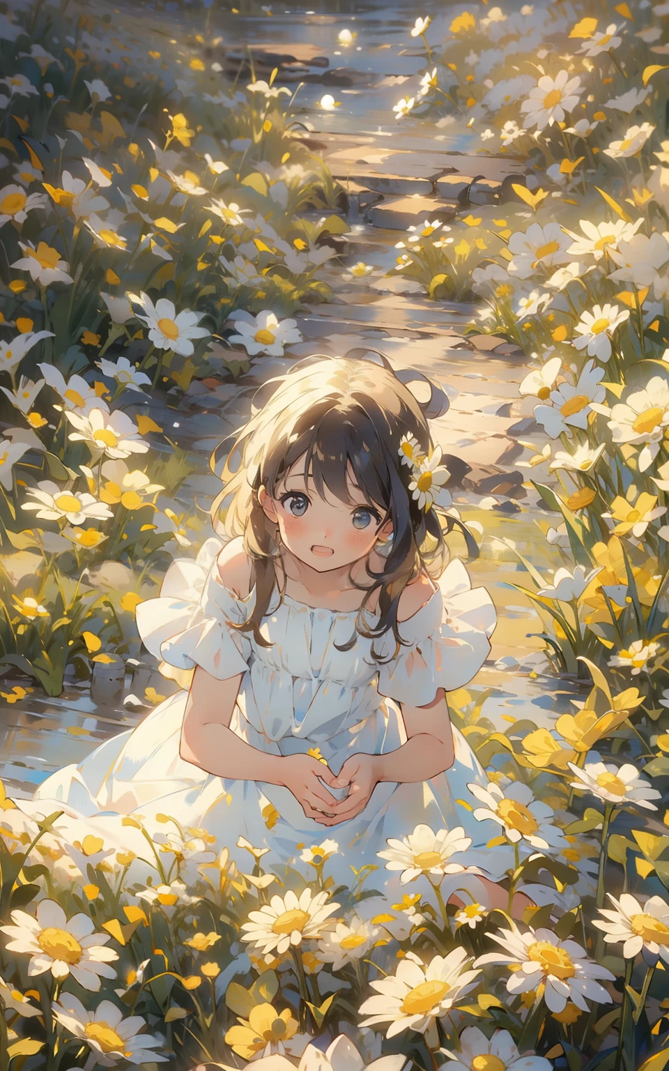 Daisy 's Dream： In a sunny field，An innocent and cute teena wears a white dress，She sat on a meadow full of daisies，Holding a garland in his hand。Her eyes revealed innocence and joy，Surrounded by white and yellow daisies，The whole scene is full of childlike fun and joy。