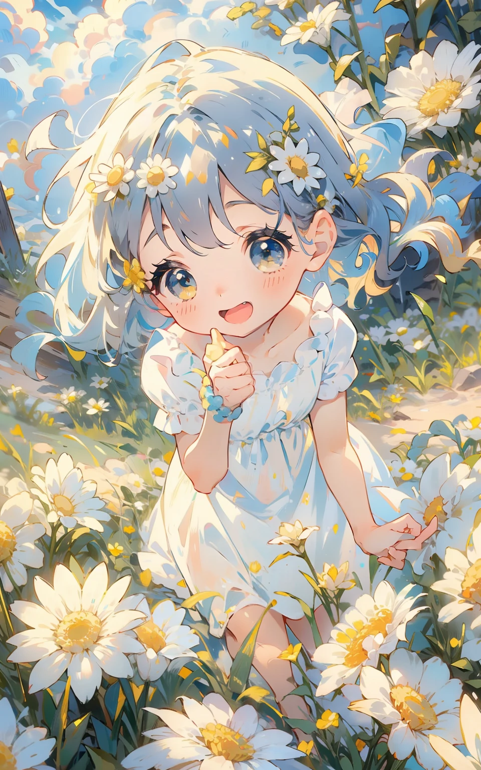 Daisy Child's Dream： In a sunny field，An innocent and cute teenage girl wears a white dress，She sat on a meadow full of daisies，Holding a garland in his hand。Her eyes revealed innocence and joy，Surrounded by white and yellow daisies，The whole scene is full of childlike fun and joy。