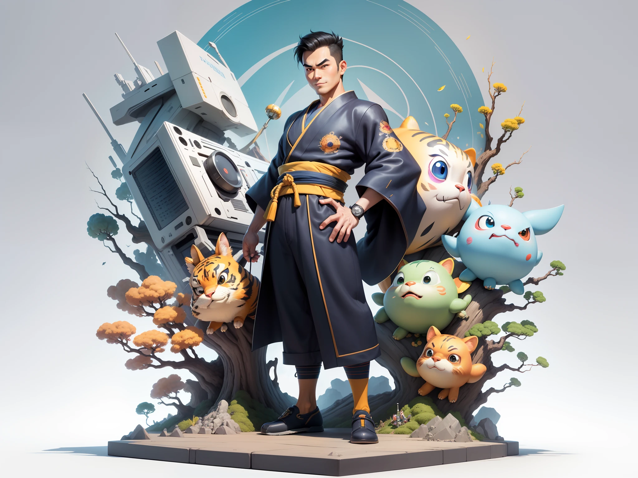 (Masterpiece), (Excellent), (Super Meticulous), (Full Body: 1.2), Super Young Man, Oriental Face, Japanese Kimono, Japanese Wind Thunder God, Dragon, Tiger, TV Anchor, Bust Portrait Illustration, Alone, Black Suit, Blue Tie, Slightly Chubby Face, Very Clean Face, No Beard, Black Super Short Hair, Black Eyes, Confident Smile, 3c Computer Sub-Products, iPad, iPhone, Digital Painting, 3D Character Design by Akira Toriyama and Mark Claireden and Pixar and Hayao Miyazaki, The illustration is a high-definition illustration in 4K resolution with very detailed facial features and cartoon-style visuals.