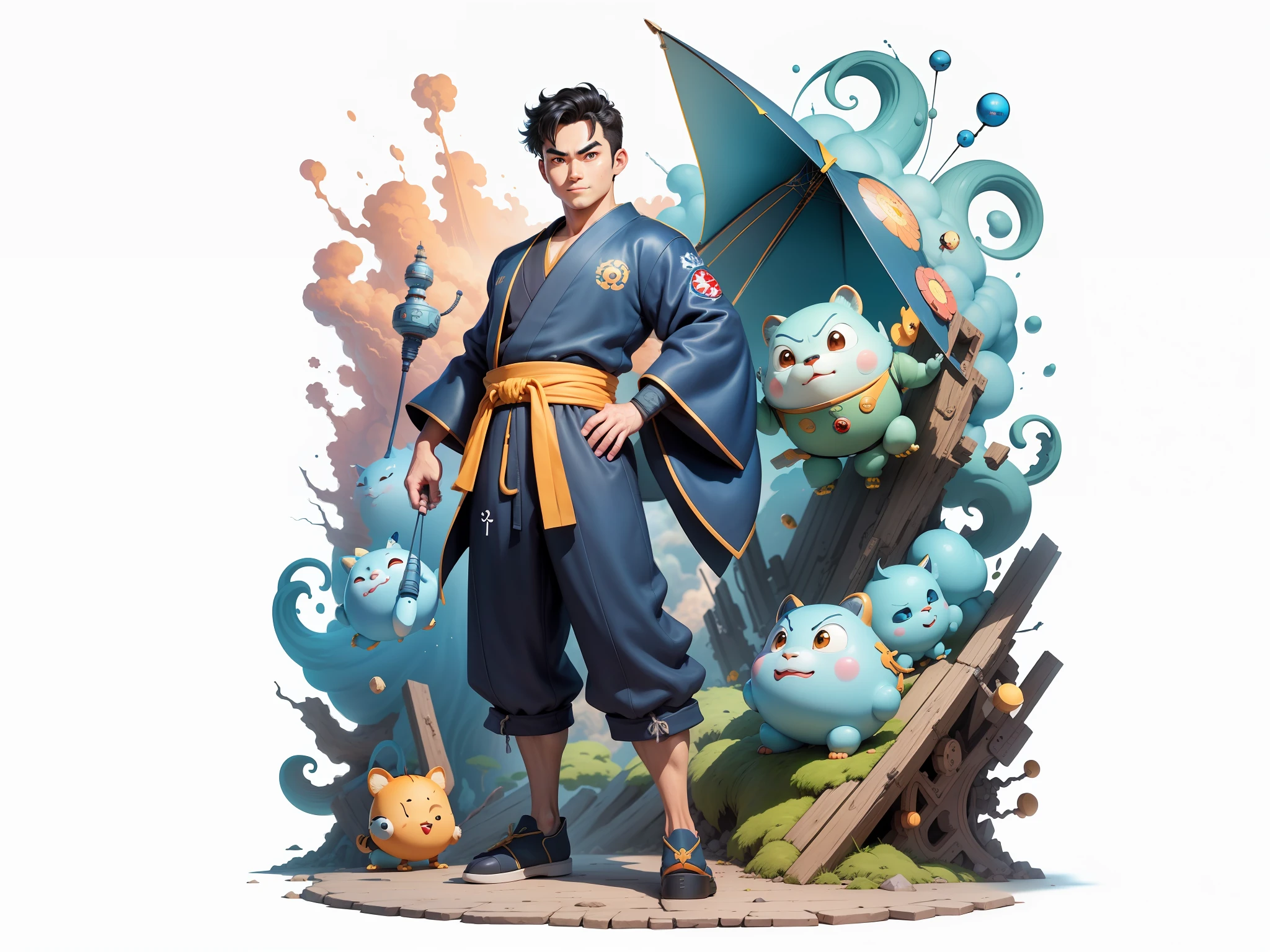 (Masterpiece), (Excellent), (Super Meticulous), (Full Body: 1.2), Super Young Man, Oriental Face, Japanese Kimono, Japanese Wind Thunder God, Dragon, Tiger, TV Anchor, Bust Portrait Illustration, Alone, Black Suit, Blue Tie, Slightly Chubby Face, Very Clean Face, No Beard, Black Super Short Hair, Black Eyes, Confident Smile, 3c Computer Sub-Products, iPad, iPhone, Digital Painting, 3D Character Design by Akira Toriyama and Mark Claireden and Pixar and Hayao Miyazaki, The illustration is a high-definition illustration in 4K resolution with very detailed facial features and cartoon-style visuals.