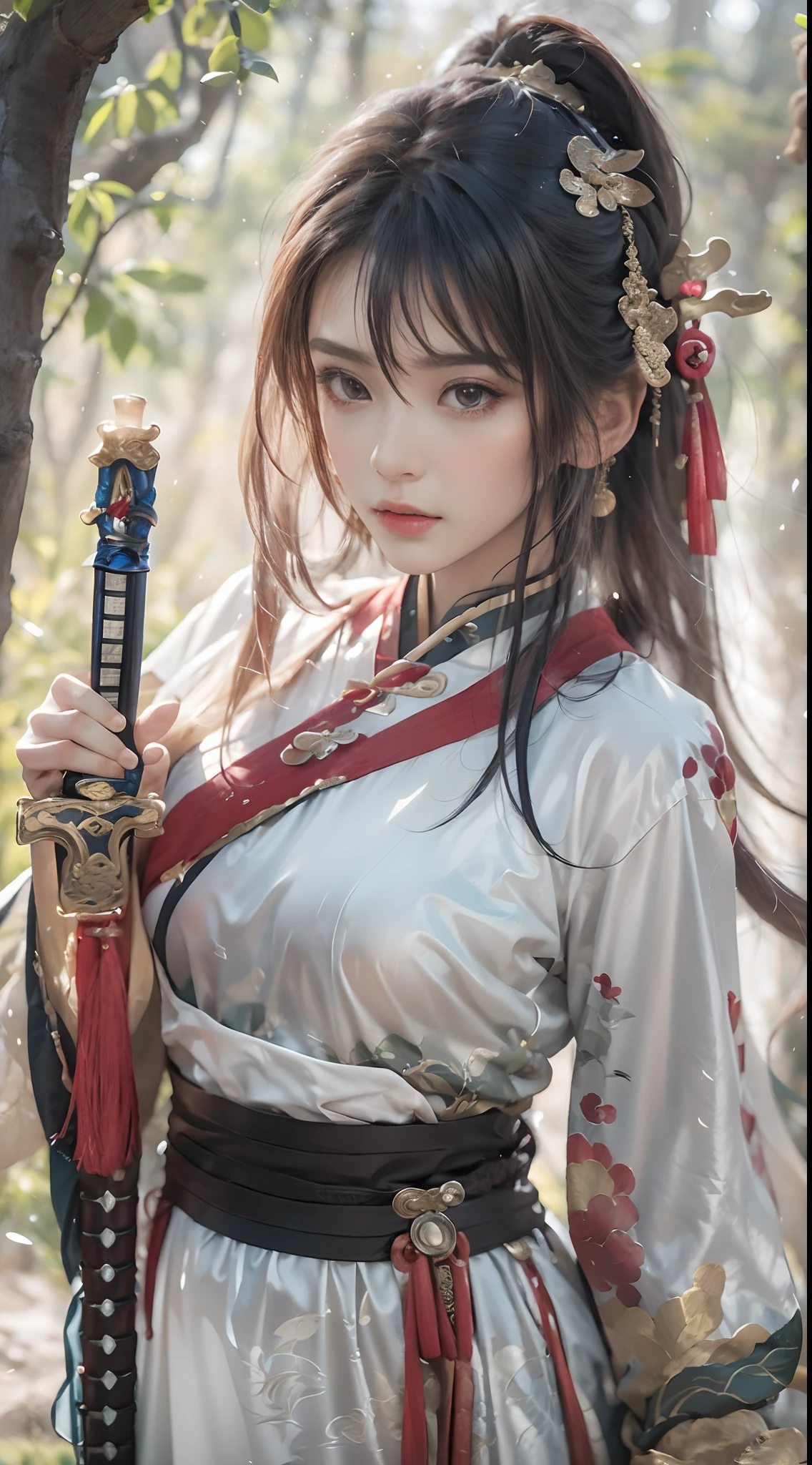 Best quality, Masterpiece, (Photorealistic:1.4), 1girll，Wearing ancient Chinese clothing，swordsman，Sword in hand，sword sheath，Sword hilt，Woods background，best qualtiy，A masterpiece，8K，unreal 5 render