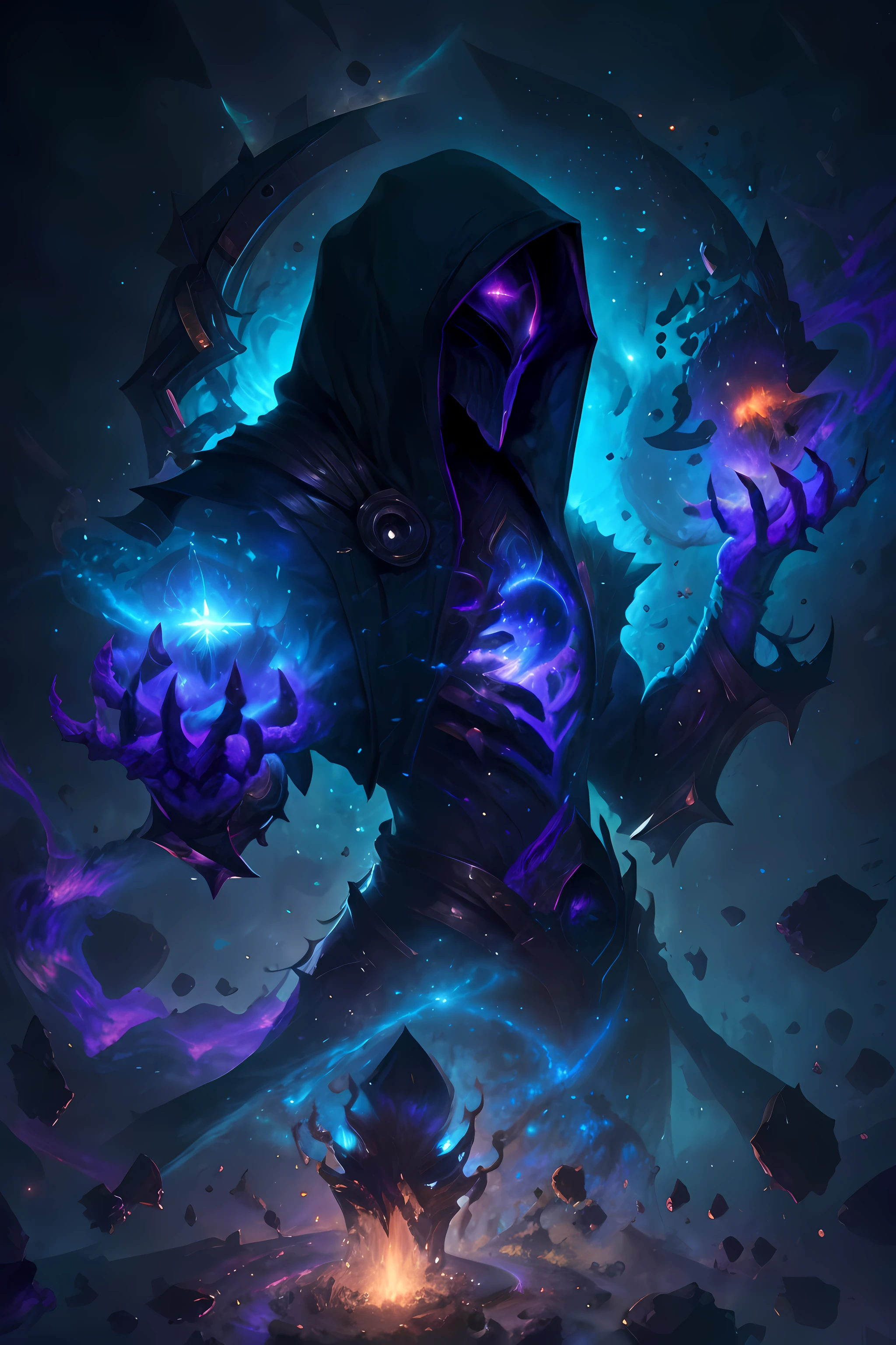 "One celestial muscular being in the center of the picture with a hood over and in hands there is brandishing magic with the luminosity of distant galaxies" ,best quality, masterpiece, ultra high res, (photo realistic:1.4), surrealism, dream-like,V0id3nergy,
a fantasy creature, Shadowdancer, shadow magic, darkness control, stealth, shadowstep, umbral spells.