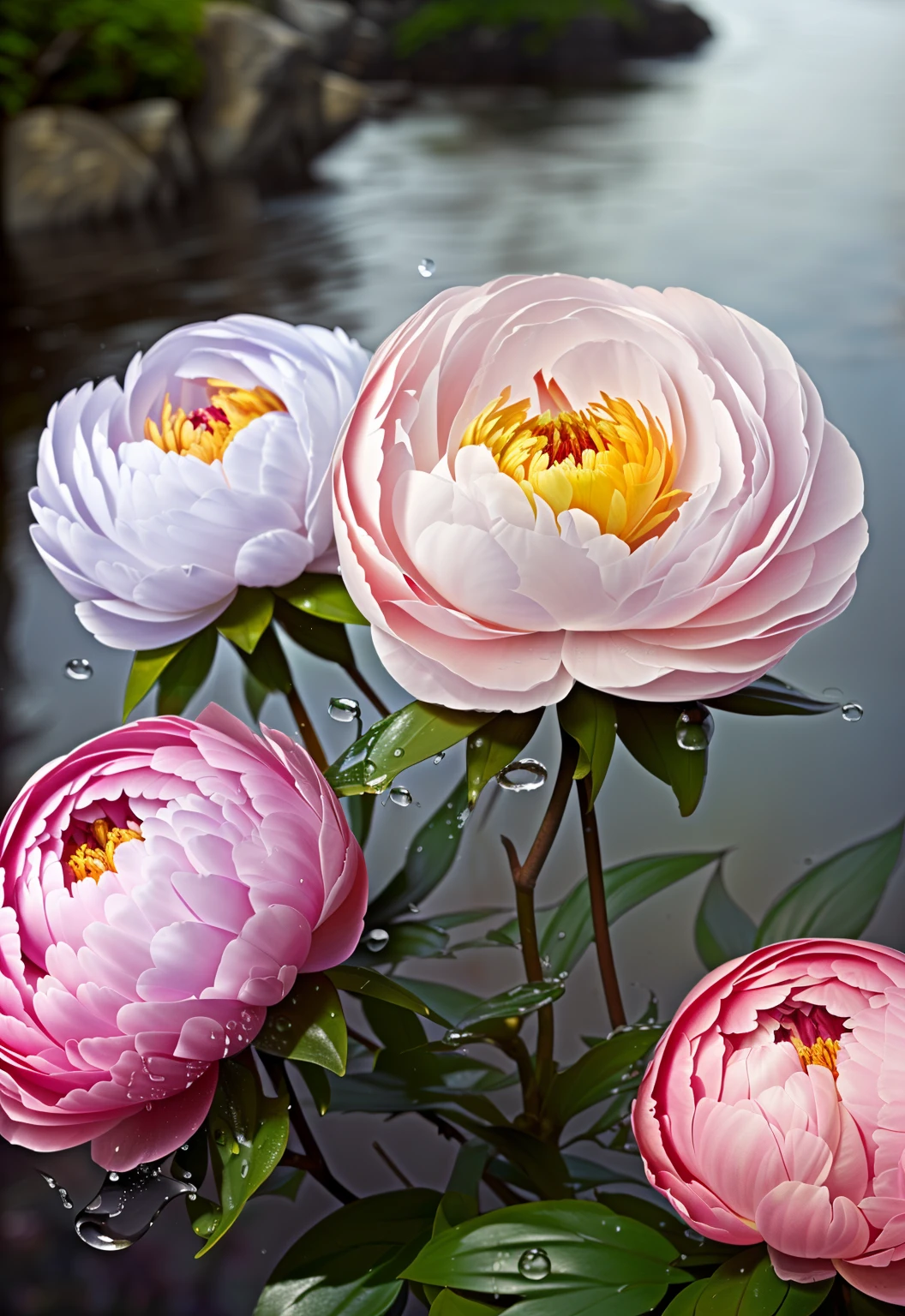 Wallpaper of peony blooming flowers,The style of tracking in Vray,fanciful,Fantastic imagery,Fantastic nature,Dmitry Spiros,UHD image,water dripping,Realistic and ethereal,great outdoors,Real peony flowers,With water droplets,Hyper Real,In the mountains