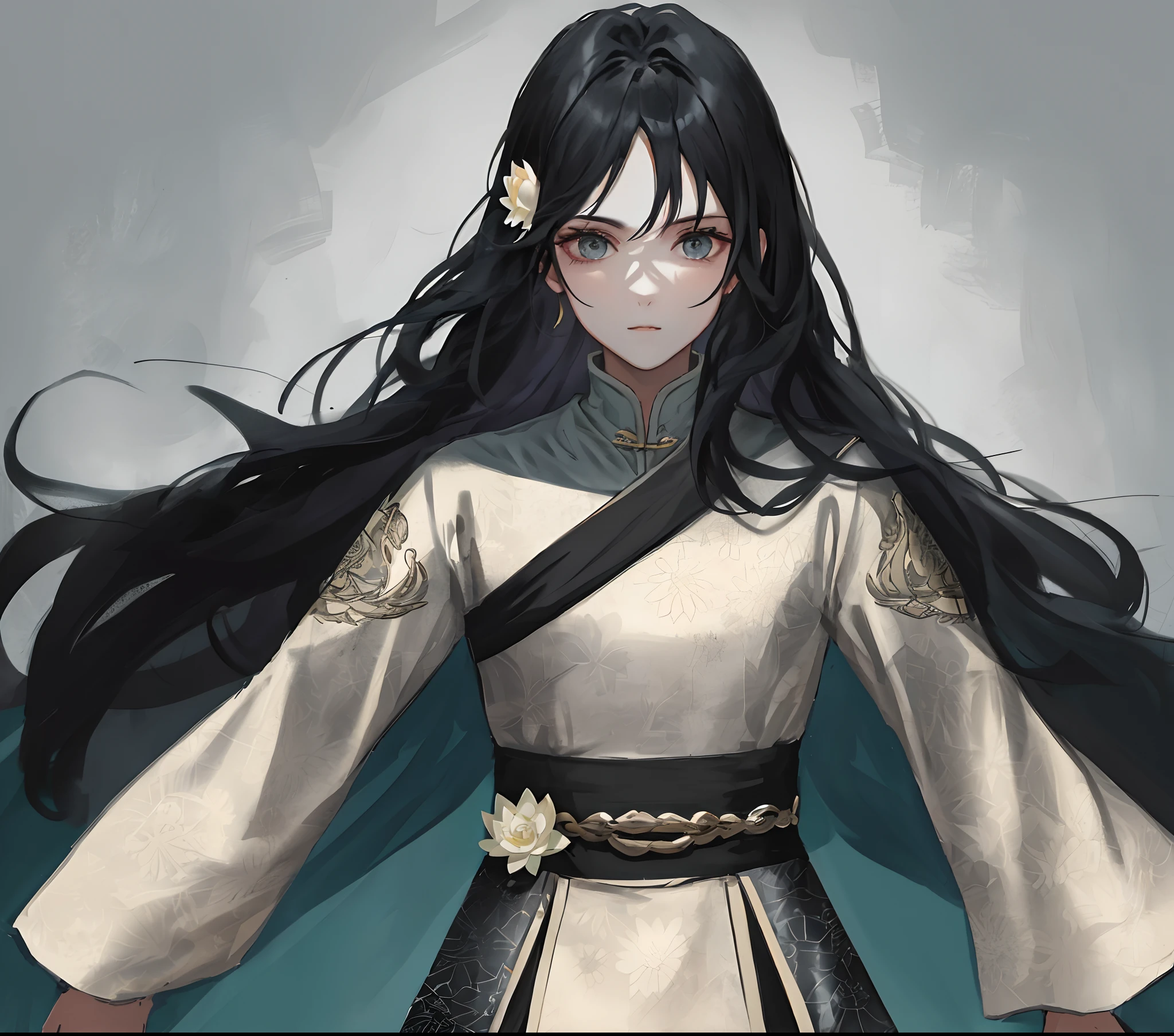 Man with long black hair,HD real person lotus pattern costume