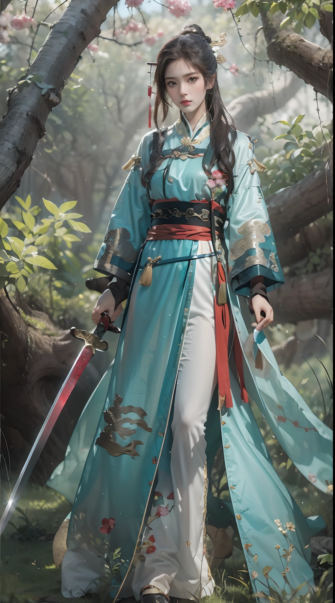 Best quality, Masterpiece, (Photorealistic:1.4), 1girll,Wearing ancient Chinese clothing,swordsman,Sword in hand,sword sheath,Sword hilt,Woods background,best qualtiy,A masterpiece,8K,unreal 5 render