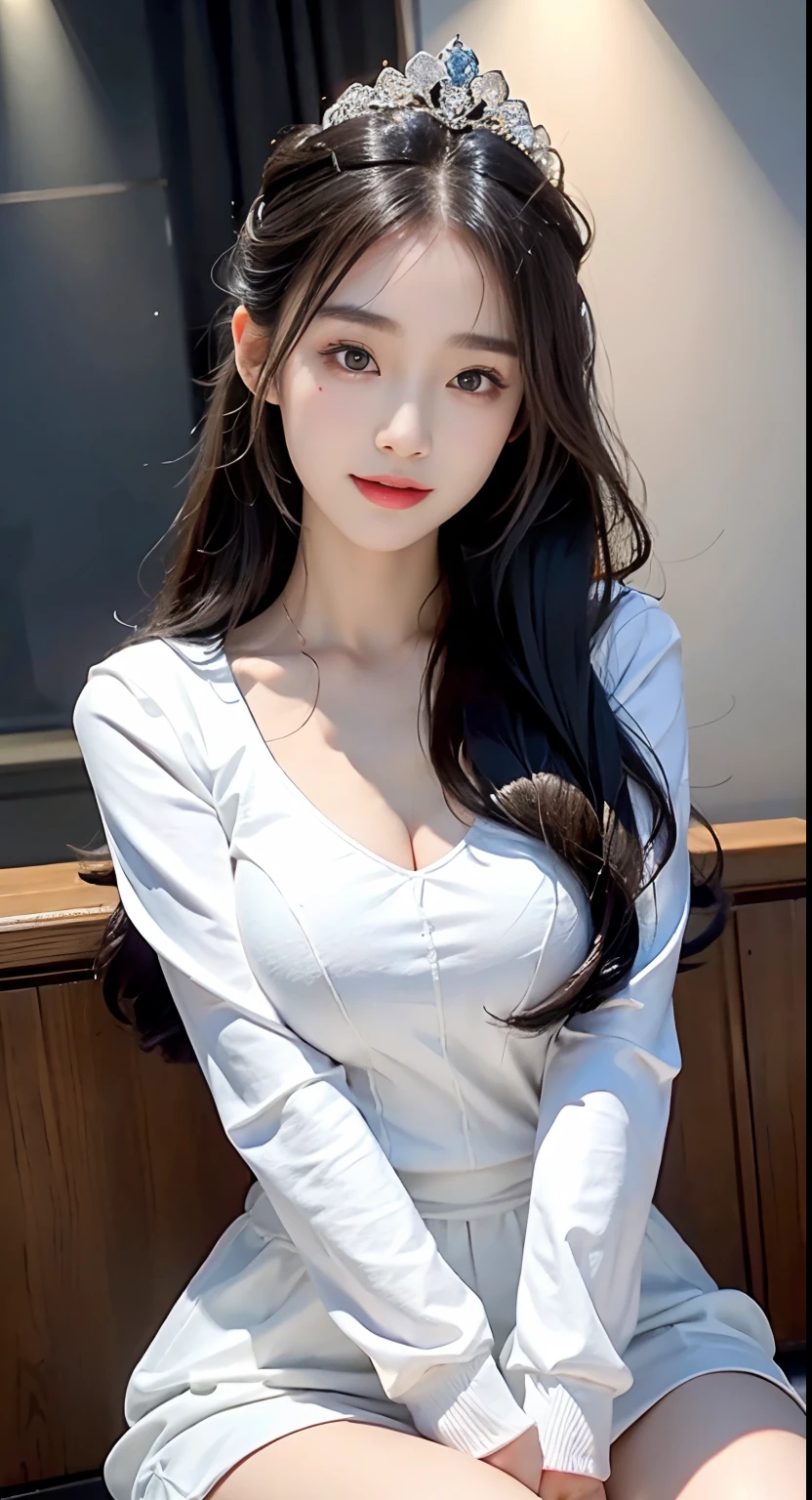 a big breast chinese girl, Cute face, cheerfulness, Long hair, Impressive hairstyle, wearing tiara，A pair of bright and reverent eyes，The eyebrows are slender and elegant，The slightly curved brow shape exudes confidence and charm。Her nose is small and three-dimensional，It matches the shape of her face perfectly。At the bedside，Her lips were rosy and plump，The corners of his slightly upturned mouth revealed a sweet smile， Flight attendant outfit，The color of the costume is random，wearing jewellery,  黑The eye, Above Knees，（The breasts are large but not exposed：1.1），（A high resolution：1.3），random hair style， Super fine face and eyes， Hit in a random pose，Anatomically normal，realisticlying,exterior,strong rimlight，（highdetailskin：1.2），8K，hyper HD，high high quality，Sports suit，Sweatshirt，Full body photo