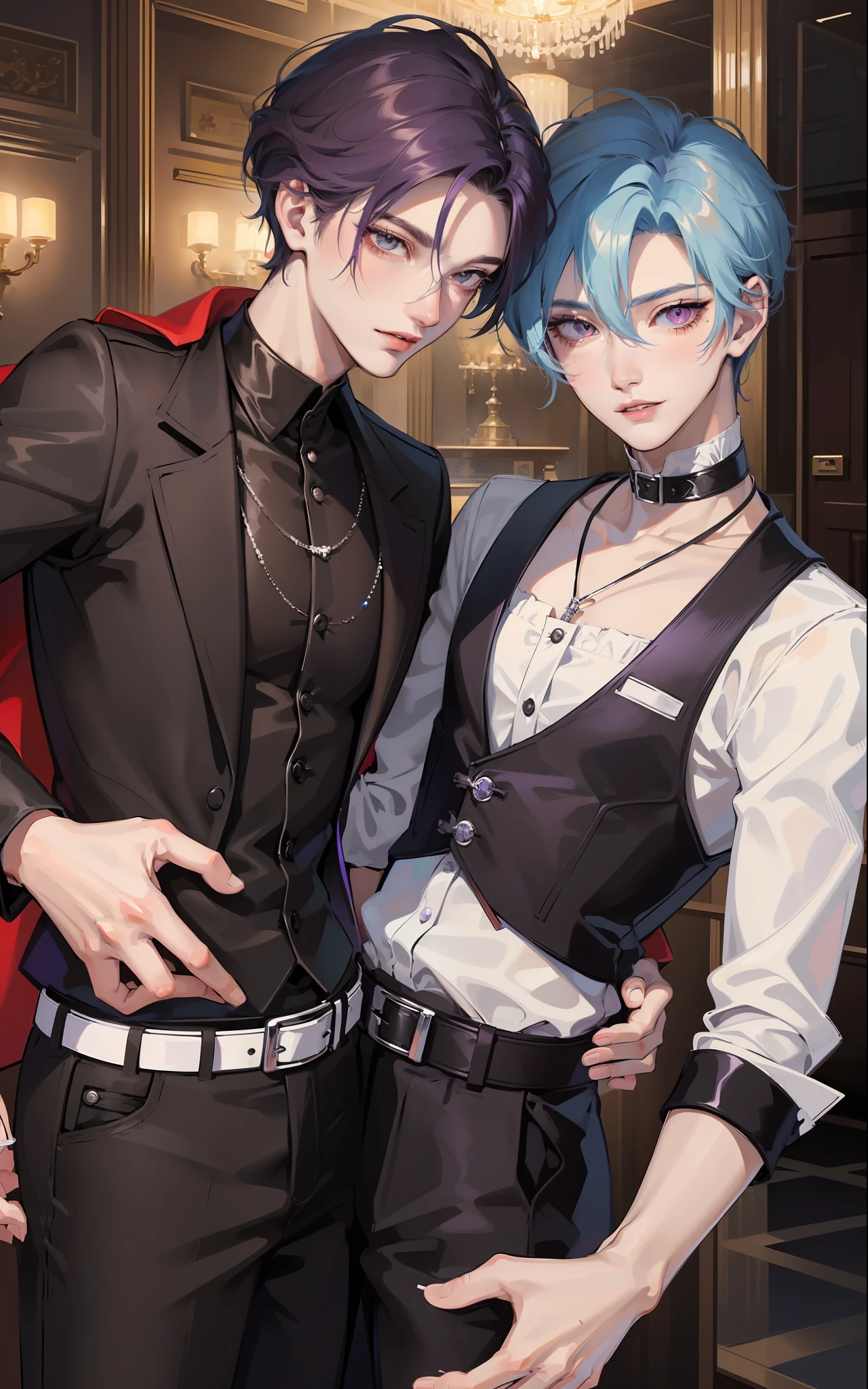 masterpiece, top-quality, 2Others, Male couple, 1 man and 1,, Adults, Height difference, different fashion, different color, finely eye and detailed face, intricate detailes, Black Butler Fashion, Modern urban streets, A smile, Happiness, tenderness, queers, Boys Love, high-level image quality、 Two beautiful men、tall、The upper part of the body、nightfall、nighttime scene、𝓡𝓸𝓶𝓪𝓷𝓽𝓲𝓬、Korean Male, k pop, Professional Photos, Vampires, Fedoman with necklace, inspired by Sim Sa-jeong, androgynous vampire, :9 detailed face: 8, extra detailed face, detailed punk hair, ((eyes are brown)) baggy eyes, Seductive. Highly detailed, semi realistic anime, Vampire butler, hyperrealistic , delicate androgynous prince, imvu, short hair above the ears, Man with short hair, With a purple-haired man with a wild expression, Man with light blue hair with gentle expression, With a short-haired man with bright purple hair, Man with light blue hair, Take a selfie for two
