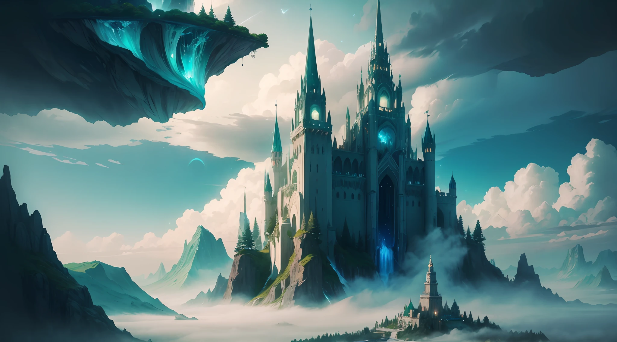 Tower peaks pierce the sky, adorned with cascading waterfalls of silver and emerald. Enchanted forests bloom with bioluminescent flora, guiding wanderers through mist-kissed paths. Floating isles, home to winged creatures, drift in pastel skies. A realm where magic and nature dance, painting a dreamscape of wonder.