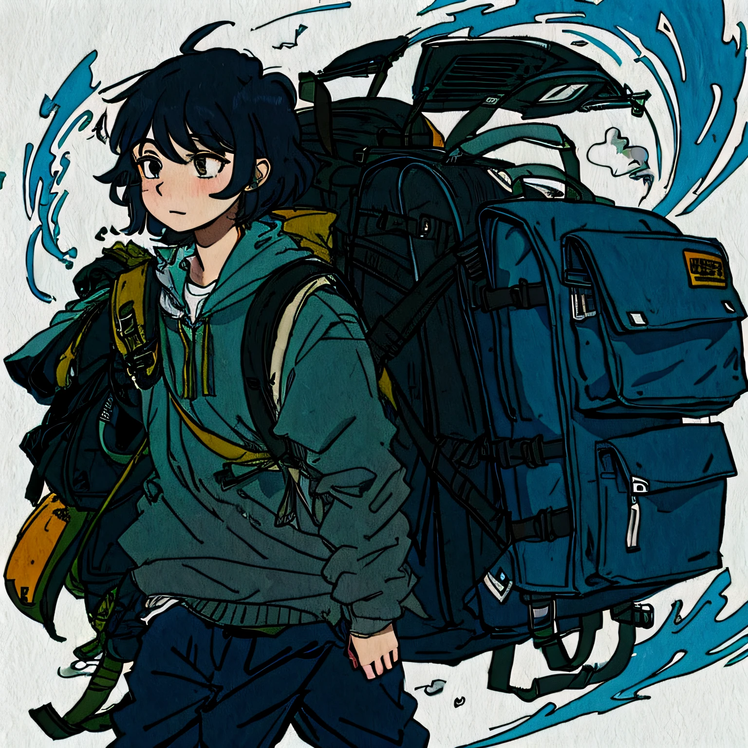 There is a drawing of a person carrying a backpack and a backpack, Illustration style