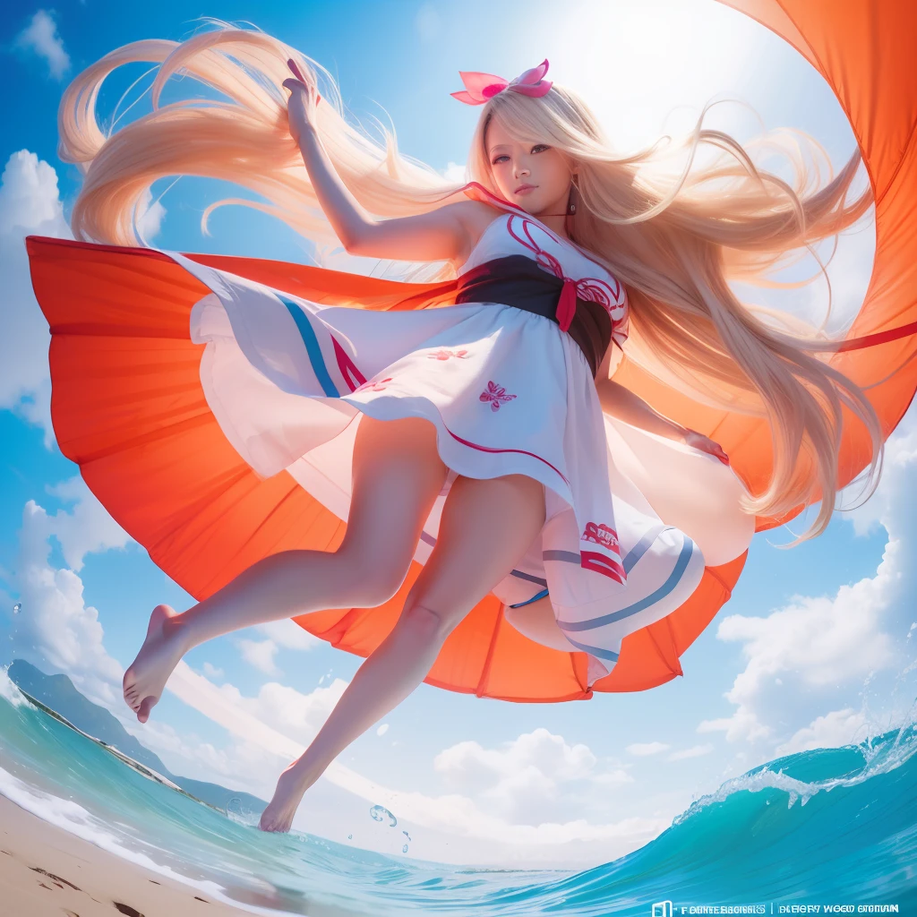 long shot of cute lady, looking at the camera viewed from below, with wavy long blonde hair, parachuting down holding a giant Chinese lantern floating down form a sunny summer day sky to watch the pink sunset, as she lightly touches down in the shallow clear blue foamy surf of an otherwise alien seashore, showing the sandy beach, and toes in the sand and surf, 28k resolution hyper-detailed, photorealistic Kurosawa.