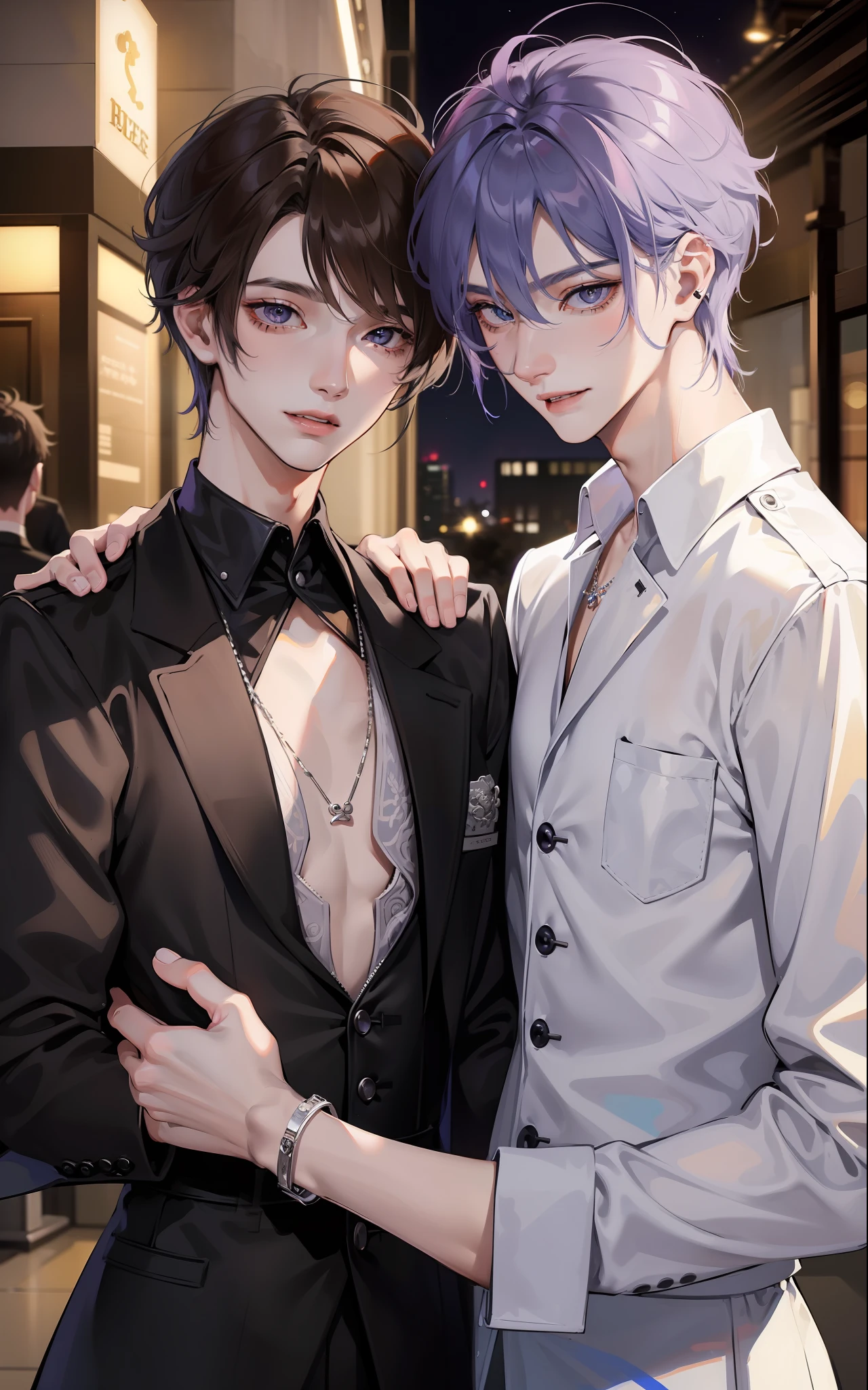 masterpiece, top-quality, 2Others, Male couple, 1 man and 1,, Adults, Height difference, different fashion, different color, finely eye and detailed face, intricate detailes, Black Butler Fashion, Modern urban streets, A smile, Happiness, tenderness, queers, Boys Love, high-level image quality、 Two beautiful men、tall、The upper part of the body、nightfall、nighttime scene、𝓡𝓸𝓶𝓪𝓷𝓽𝓲𝓬、Korean Male, k pop, Professional Photos, Vampires, Fedoman with necklace, inspired by Sim Sa-jeong, androgynous vampire, :9 detailed face: 8, extra detailed face, detailed punk hair, ((eyes are brown)) baggy eyes, Seductive. Highly detailed, semi realistic anime, Vampire deacon, hyperrealistic , delicate androgynous prince, imvu, short hair above the ears, Man with short hair, With a purple-haired man with a wild expression, Man with light blue hair with gentle expression, With a short-haired man with bright purple hair, Man with light blue hair, Take a selfie for two