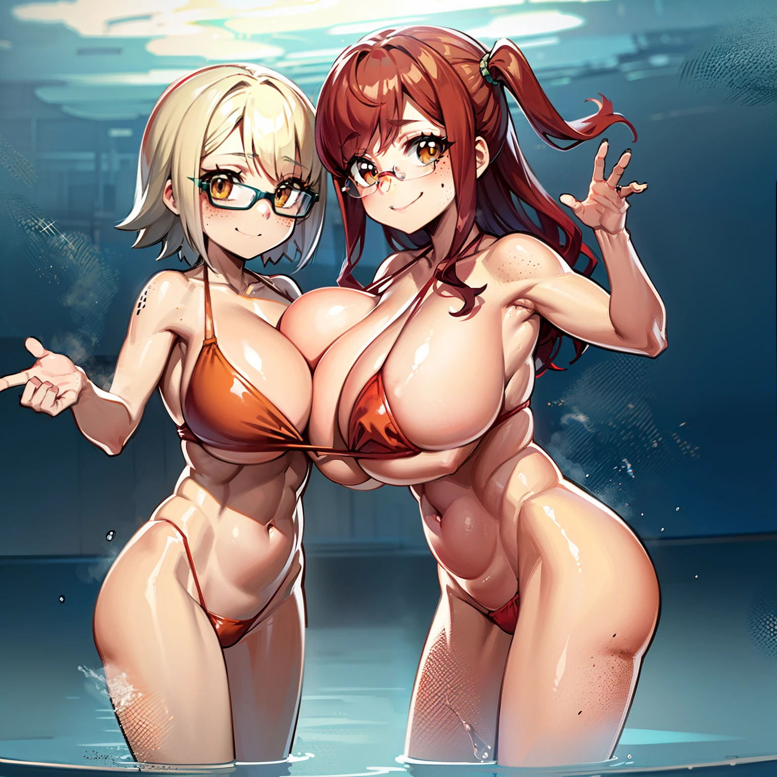  girl, Skinny little red bikini, Very muscular, Long red hair, Glasses, freckle, huge tit, Huge breasts, OPPAI ratio, Short white hair, Brown eyes, Freckles on the face, Thin waist, Huge ass, Smiling, full bodyesbian, Hands on the waist, Pose sexy in the pool