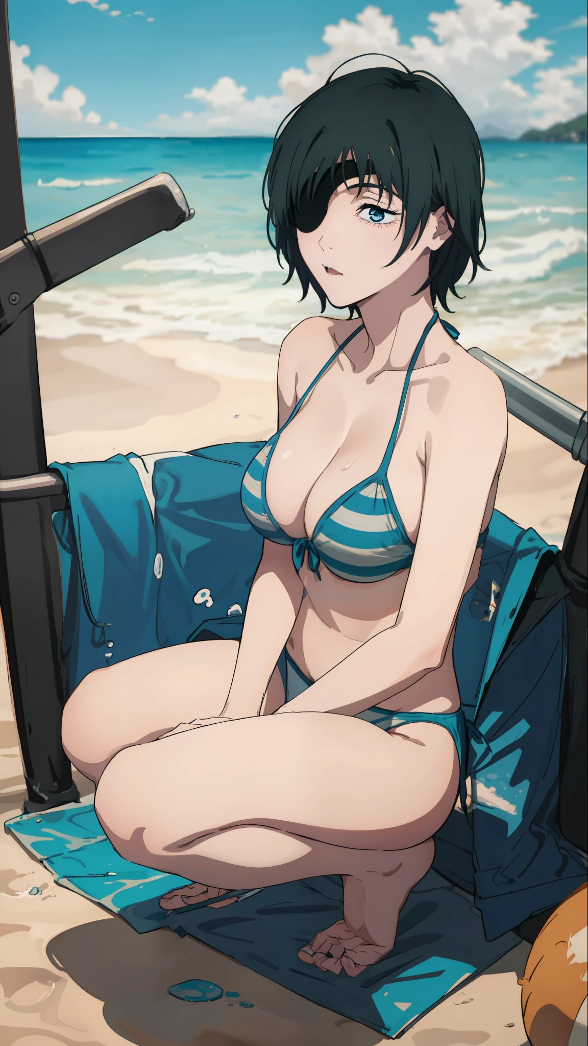 Chica anime en bikini sentada en cuclillas , en la playa, en la playa, en una playa, swimsuit, is wearing a swimsuit, swimming suit, Mayuri Shiina, Bikini realista, Bikini azul, en una playa, en una playa soleada, Mujer de cabello negro corto,ojo azul, parche en el ojo,grandes tetas,cuerpo sensual,piernas lindas,rollitos,pies y manos lindas y perfectas,himeno csm