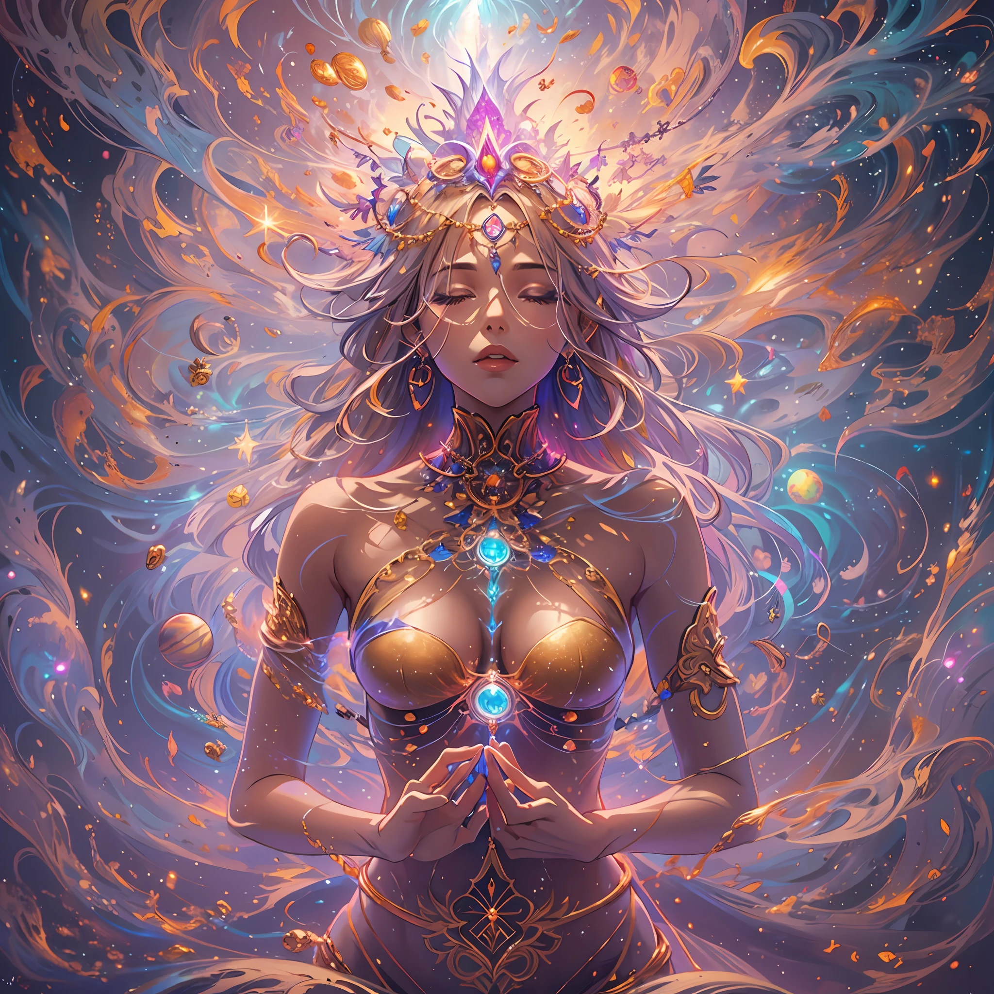 Diving Into The Ether Flowing with The Eternal Soul Through Vibration of love, everything is connected, Flowing energy, Spiritual, divine, dreamlike, cosmic, concept art, mind blowing, feminine beauty, god, pineal gland, dreamlikeart