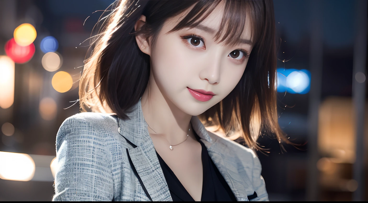 best qualtiy, tmasterpiece, 1girll, beauitful face, (photograph realistic:1.3), edge lit, (highdetailskin:1.2), 8K UHD, digital SLR camera, high high quality, A high resolution, 4k, 8k, bokeh, absurderes, (realisticlying:1.3), Cute 1girl, Wearing a black formal blazer, mediuml breasts, short skirt,Ultimate detail