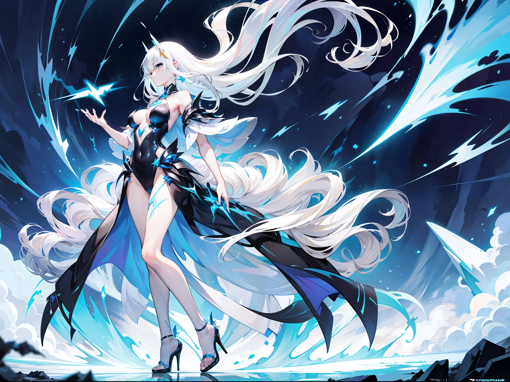 Beautiful girl with white hair，Tall and tall，Slim figure，Poor milk，Wearing a black dress，high-heels，Master Thunderbolt，Holding a cloud of blue thunderbolts in his hand，Fly in a wonderland of lightning and thunder，Behind him is a lot of lightning，Lightning bolts together form the shape of a unicorn