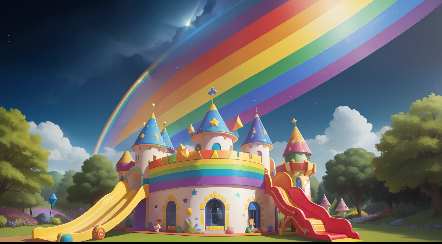 Rainbow Slide to Star Castle:
Slide down a rainbow that leads to a magical castle in the stars, where anything is possible.