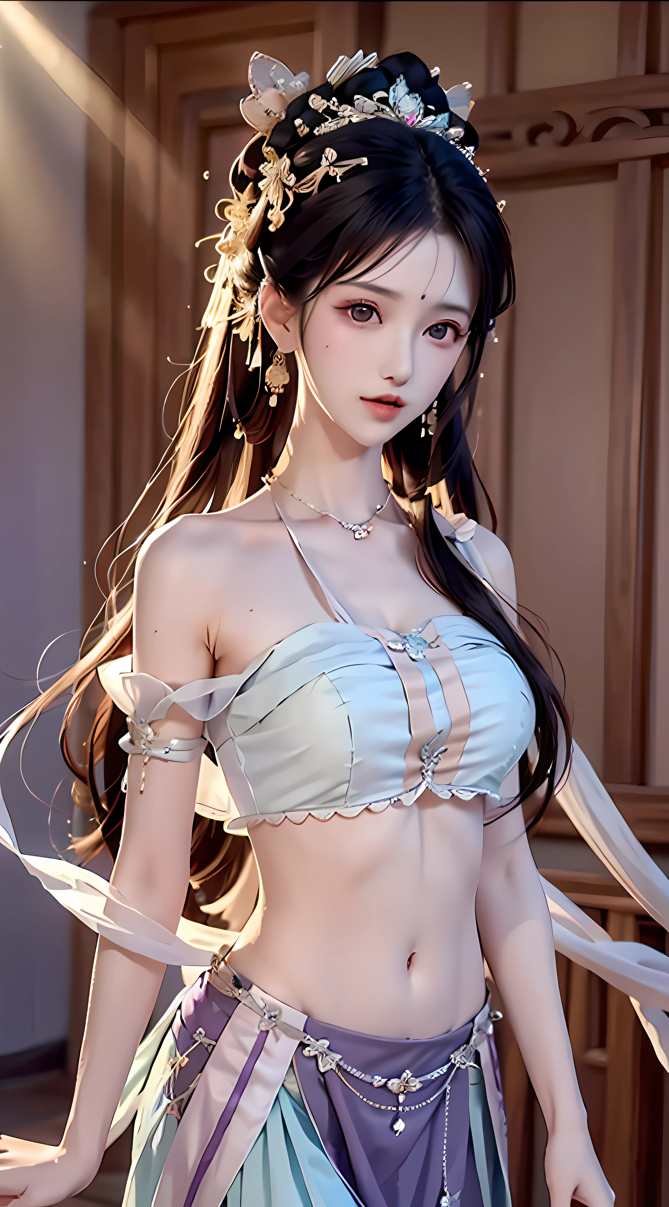 Bust photo, a beautiful woman, messy hair, girly, symmetrical bun, hair accessories, jewelry, delicate face, eye shadow, delicate cyan top, bare shoulders, navel, bare belly, Dunhuang style, a lot of streamers, delicate skin, soft light effects, delicate and smooth hair, delicate details, eye highlights, fair skin, fine portrayal, extreme details, cinematic quality, thin, slender, broken, hair details, thin bangs, shawl hair, correct body, shadows, air bangs, 8K, super detailed, Fine fabric texture, soft, supple, smooth texture, Dunhuang style, delicate pattern, correct hand painting, smile, tsurime, Surrealism, ray tracing, UHD, high details, super detail, highres, 8k, high quality, high details, textured skin, ccurate