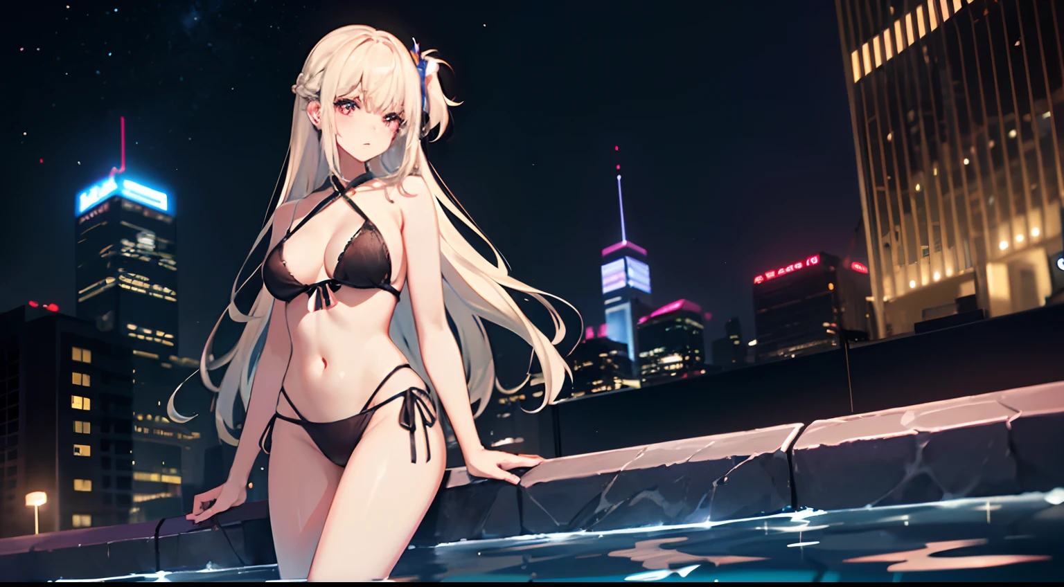 ((Best Quality)), (Ultra-detailed), ((Extremely detailed)), (Beautiful), ((Kawaii Girl)),(two side up hair).,Platinum Blonde Hair,Long hair, hair between eye, Wavy Hair, Long sideburns,Jade-colored eyes, White skin,Normal Chest,Slender body,Cross Halter Bikini,Sandals,background a pool, Night, Night view of New Tokyo City, Starry sky, Neon light,,Look Camera