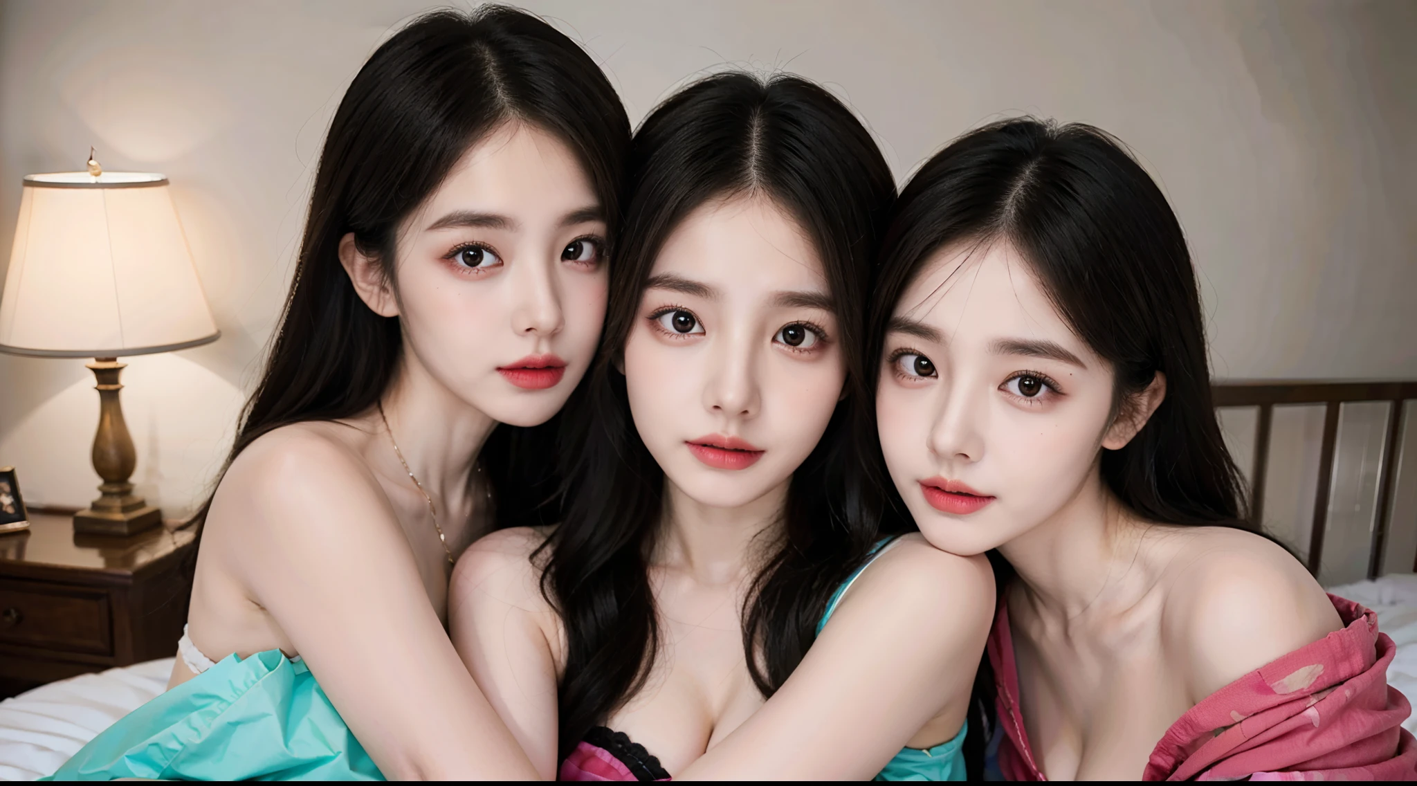 Threesome girl, ((Best quality, 8k, Masterpiece :1.37), very detailed face, detailed rosy lips, detailed eyes, (Korean eyes), double eyelids, detailed nose, detailed palms, detailed feet, Skin color Brownish white , many people, (Wearing Random jacket), Big Breasts:1.5, (three girls), long black hair, model hairstyle, Beautiful face, (Ultra-HD Face), Light laughing lips, (close-up shooting), ( threesome girls, long black hair, model hairstyle), (Undressing Nude: 1.1), small vagina, (small vagina), small vagina, Realistic Vagina: 1:6, tall building background, (Blue sky view, :1.1 ), (threesome girls)