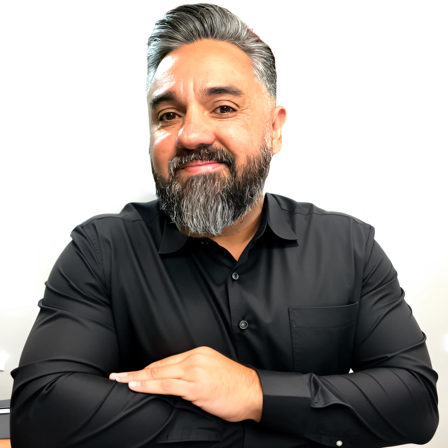 homem com terno preto, camisa preta, gravata preta, black watch and in the background a modern office
