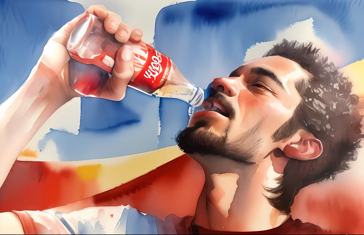 There's a guy drinking a Coke from a bottle, drinking a bottle of coca-cola, Coca-Cola Bottle, Coca-Cola Advertisement, Hyper realistic, artistic interpretation, (Correct finger depiction、 A hyper-realistic, detailed portrait shot, shot with sony alpha, portrait shot, very real, advertising photography, Camelhead's Coca-Cola, photo portrait、perspiring、simple background、Watercolor background、