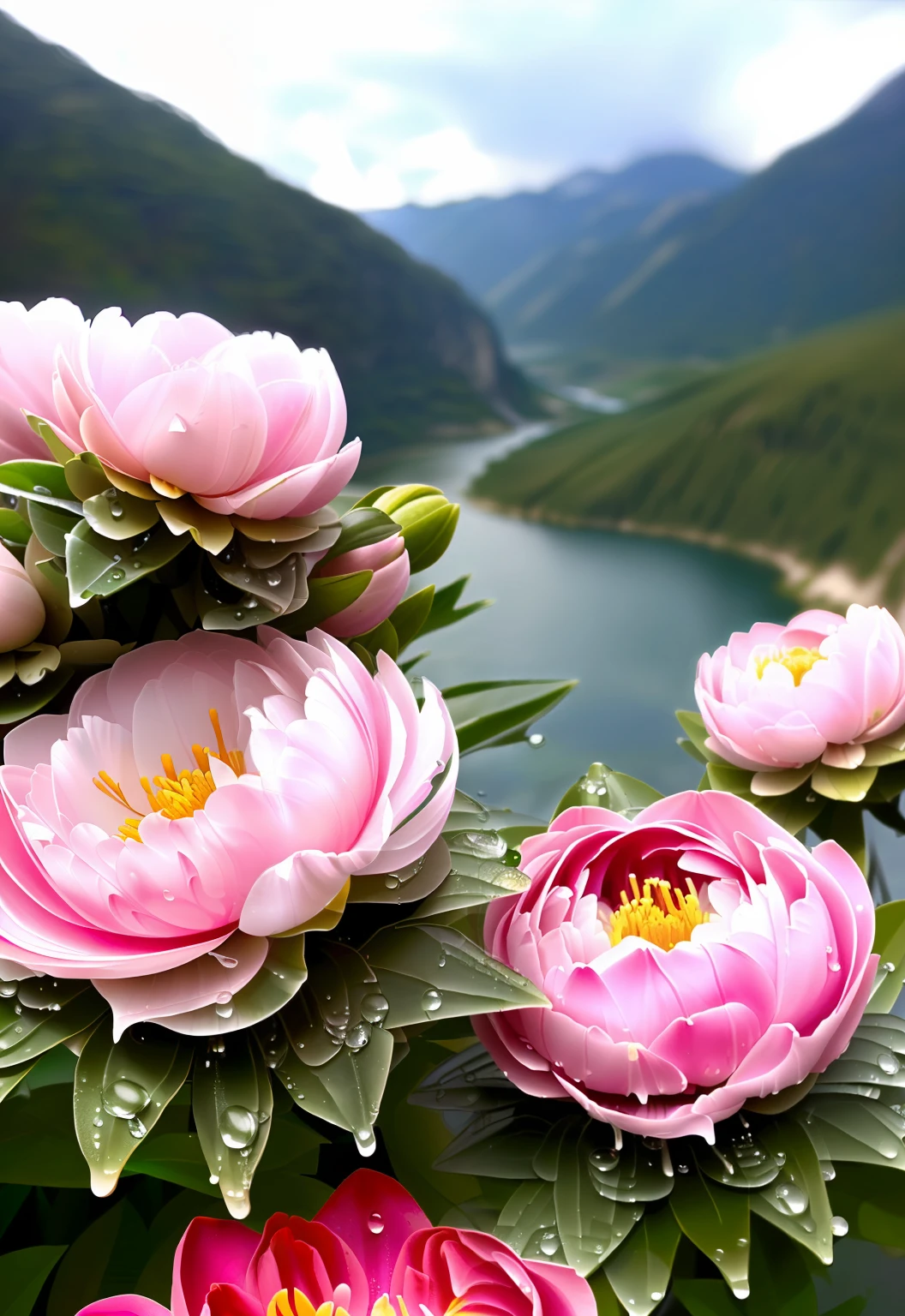 Peony blooming flowers,fanciful,dreamlike imagery,Fantastic nature,drippy,Realistic and ethereal,great outdoors,Real peony flowers,With water droplets,Hyper Real,In the mountains,beautful view,(jiayi:1.5), closeup cleavage, tmasterpiece, best qualtiy, RAW photogr, Incredibly Ridiculous res, depth of fields, A high resolution, ultra - detailed, finedetail, The is very detailed,tack sharp focus, cinmatic lighting