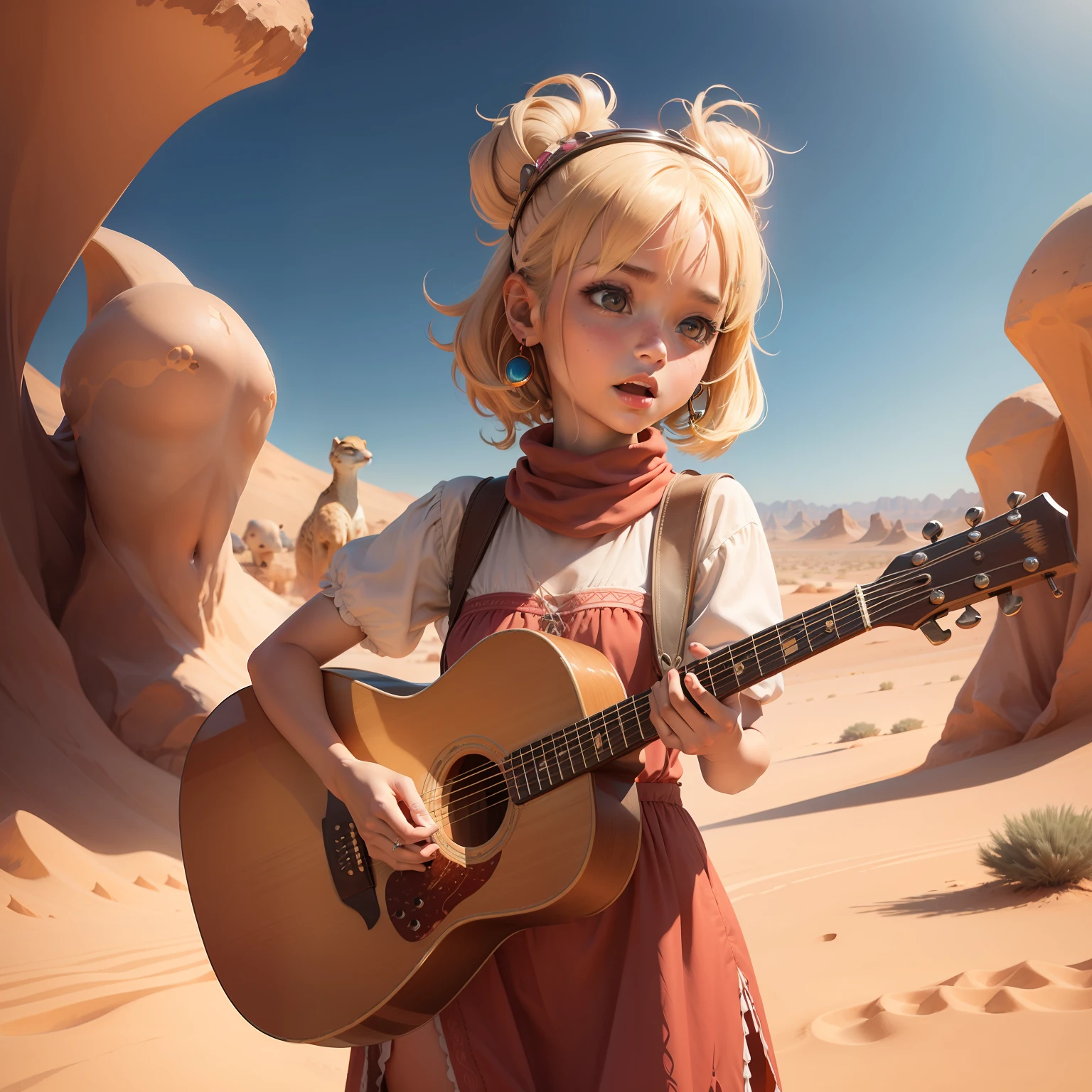 /imagine Stella(a girl)sang her song, and the cactus swayed with delight, in the desert,cartoon style,