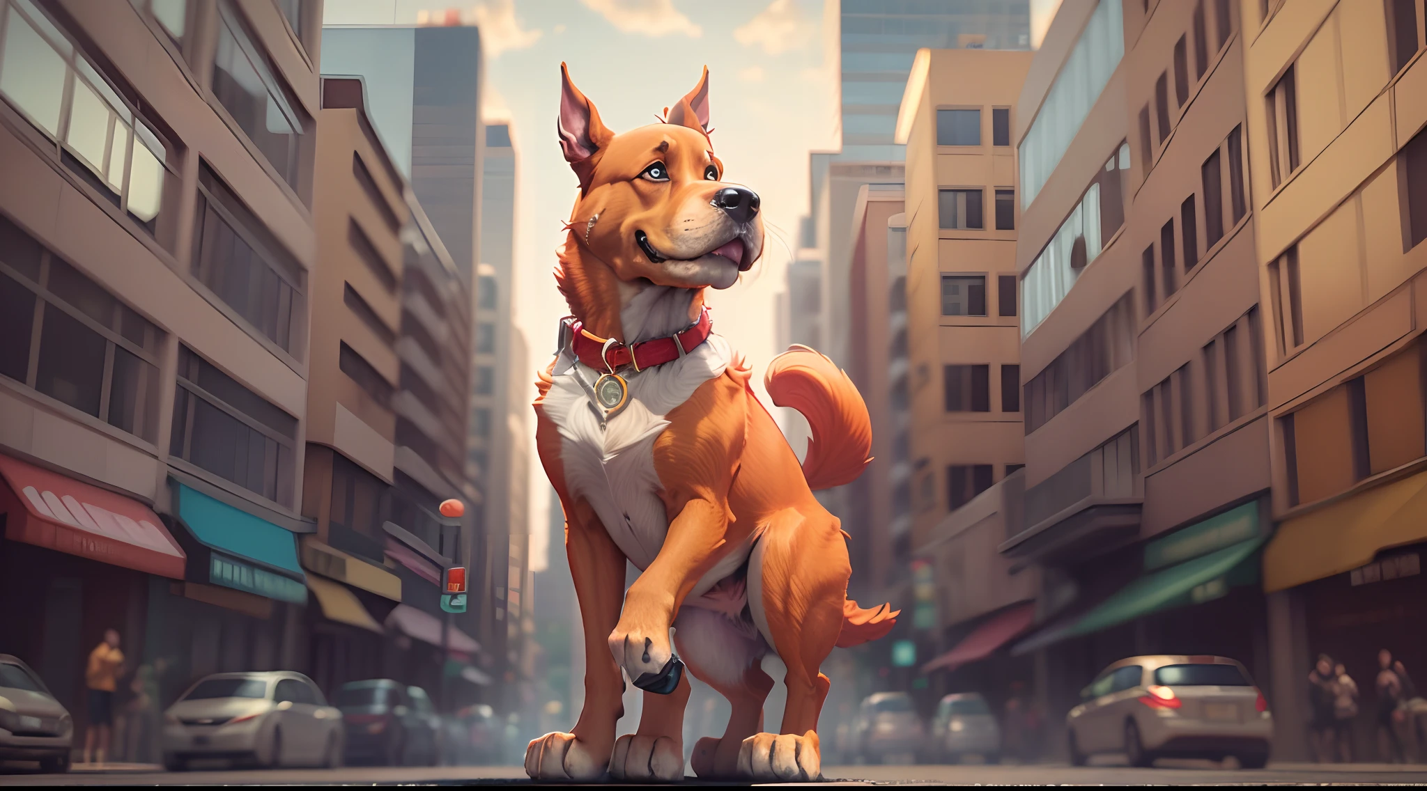 masterpiece, best quality, highres, 1dog , Scooby-Doo from scooby doo, full body view, standing in urban city.(8k, 4k, best quality, highres:1.2), (maasterpiece, realistic, photo realistic:1.37), beautiful face, wearing orange woody and red skirt.